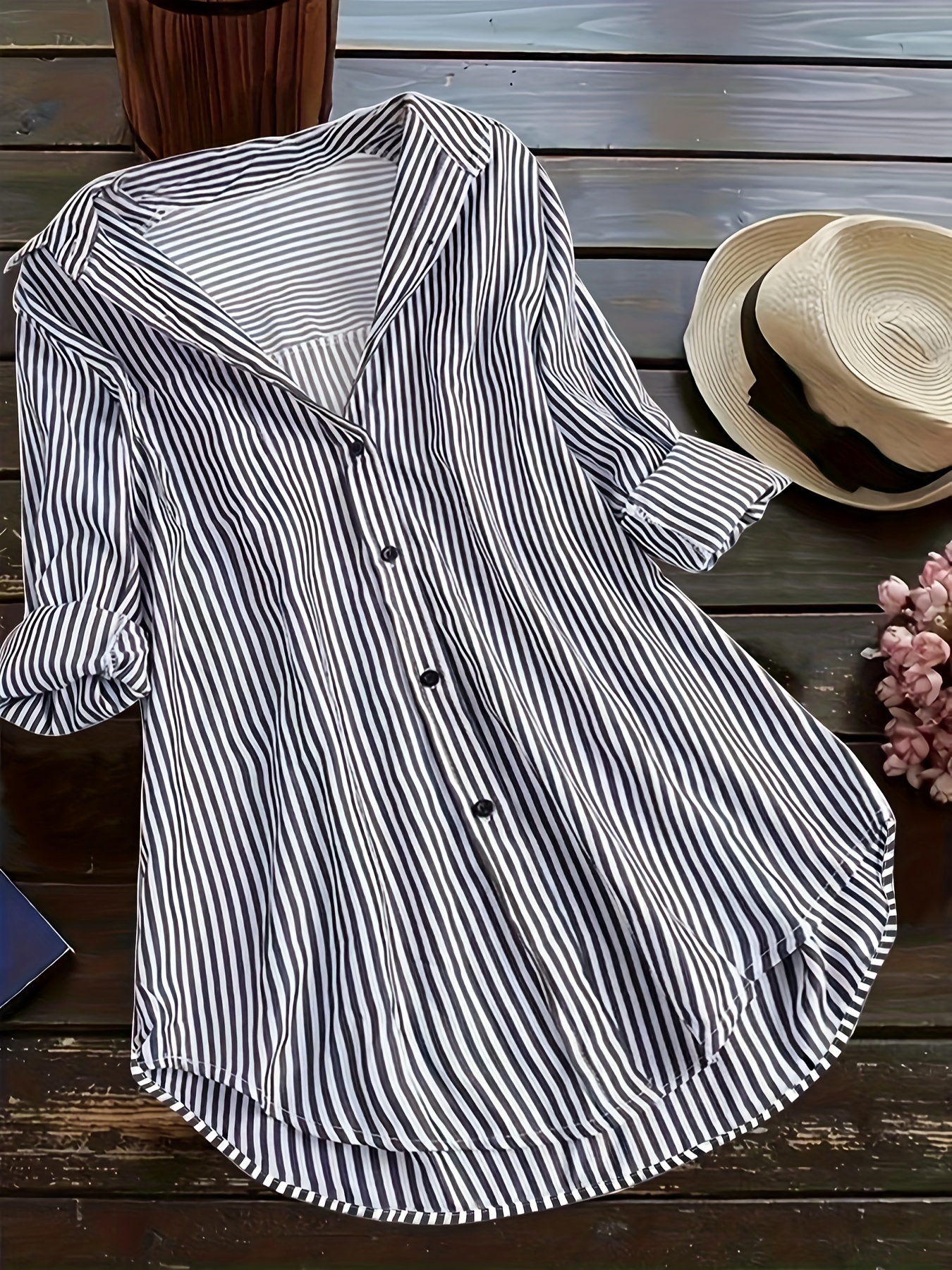 Striped Button Front Tunics, Elegant Long Sleeve Outwear, Women's  Clothing,temu