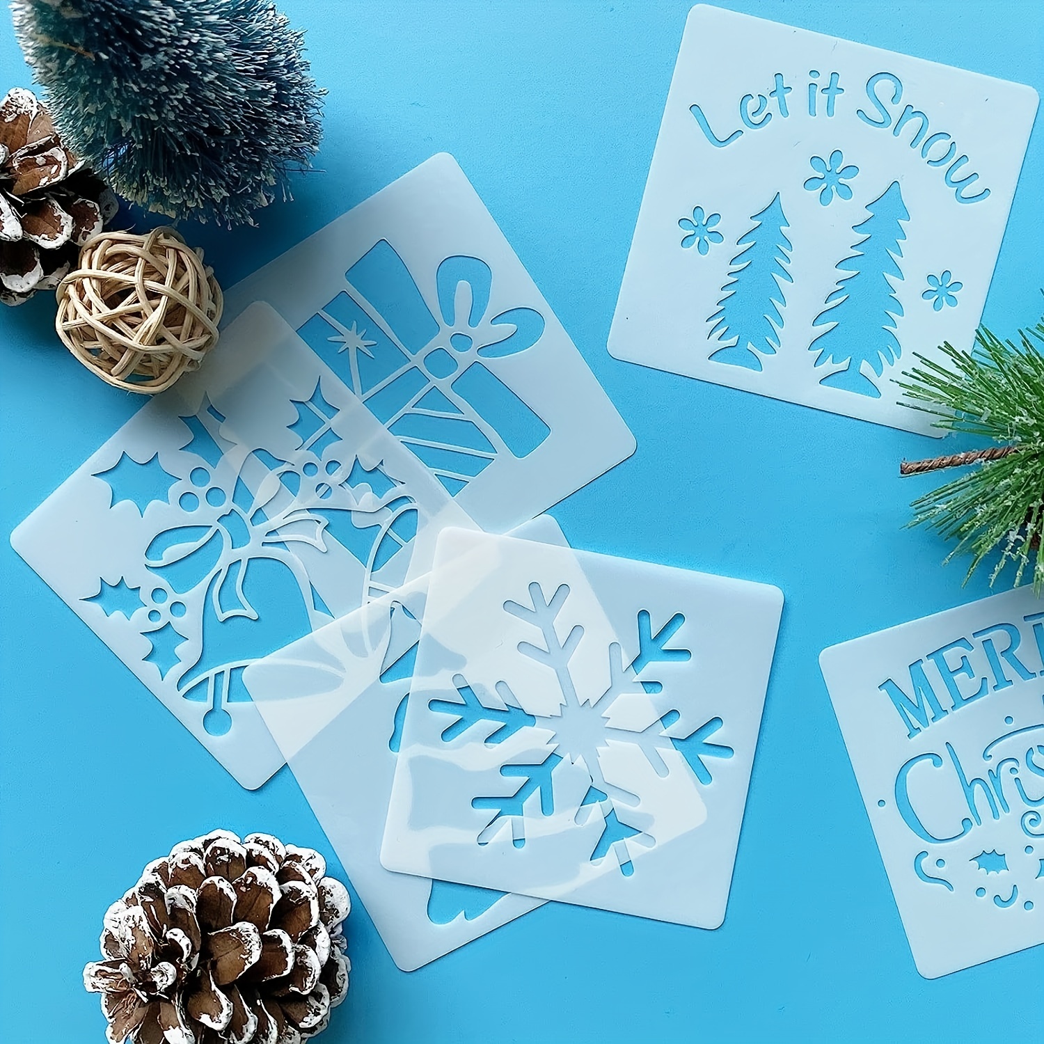  Small Christmas Stencils for Painting on Wood Reusable Round  Small Holiday Merry Christmas Stencils Xmas Ornaments Stencil for Wood  Slice Cards Scrapbook Journal Cookie Glass (12pcs Words 4in Round) 
