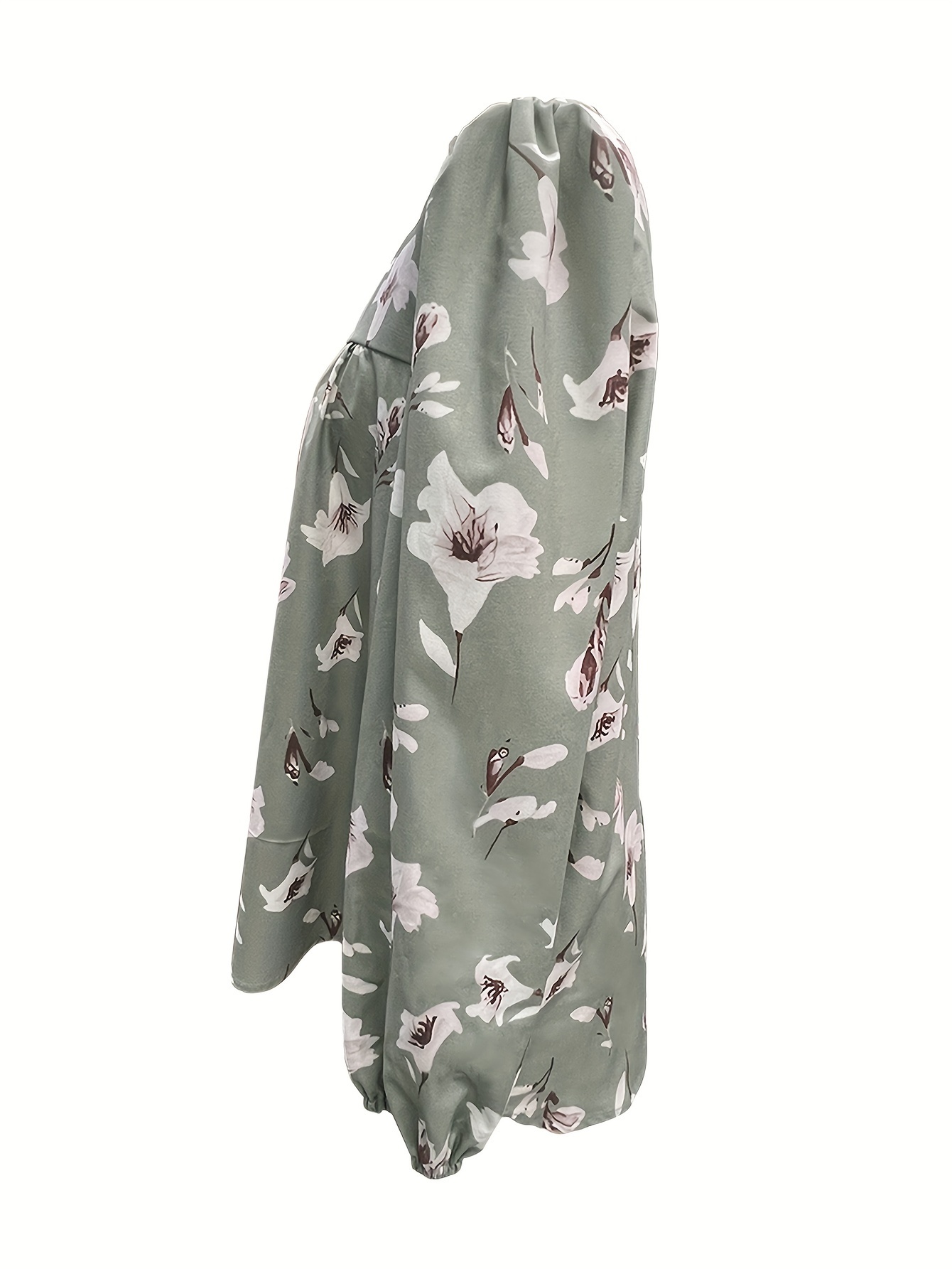 Floral Print Pleated Crew Neck Blouse، بلوزة طويلة عارضة للربيع والخريف، ملابس نسائية