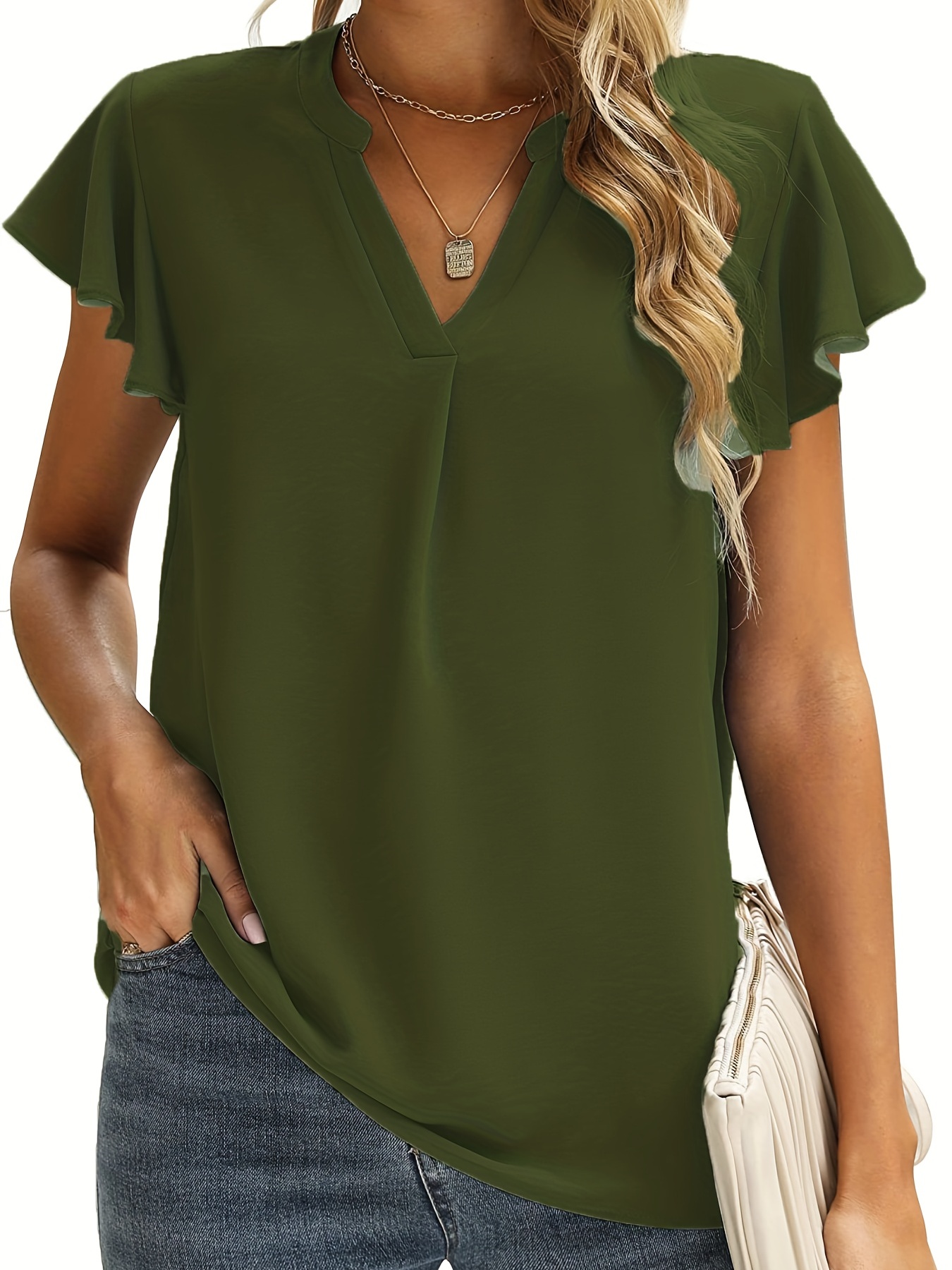 V neck Loose Chiffon Blouses Casual Solid Color Simple Short - Temu