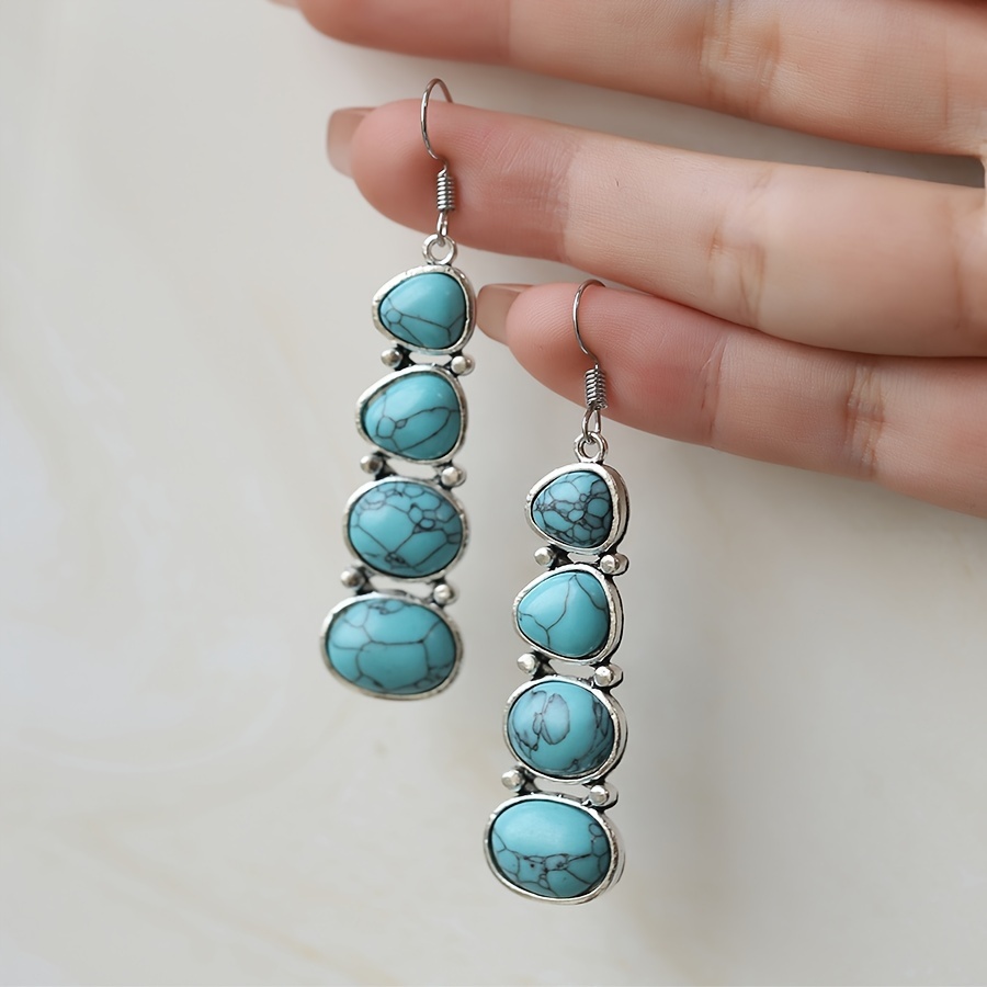 Vintage Boho Style Silver Plated Turquoise Drop Earrings