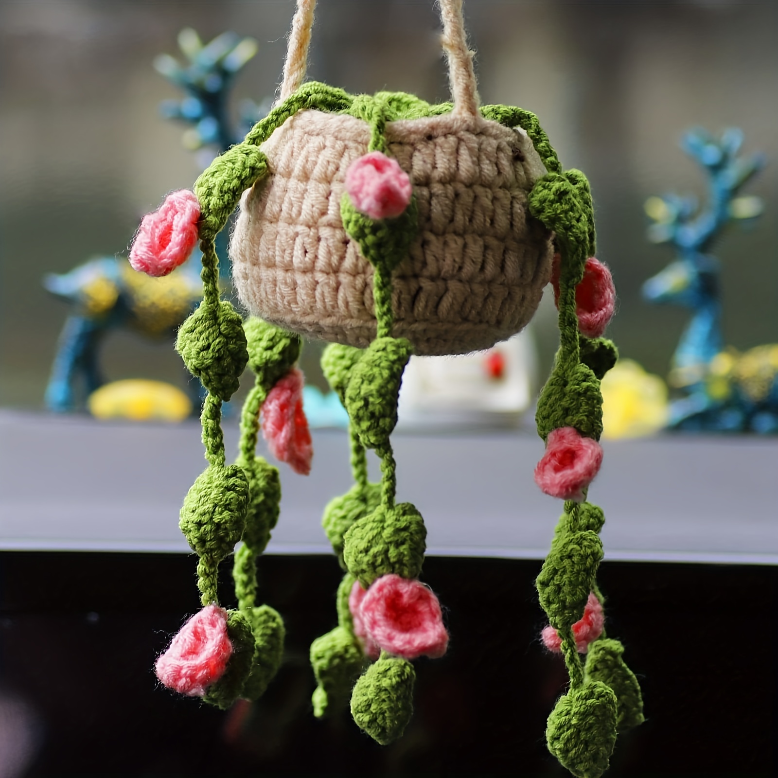 Cute Potted Plants Crochet Car Mirror Hanging Accessories - Temu