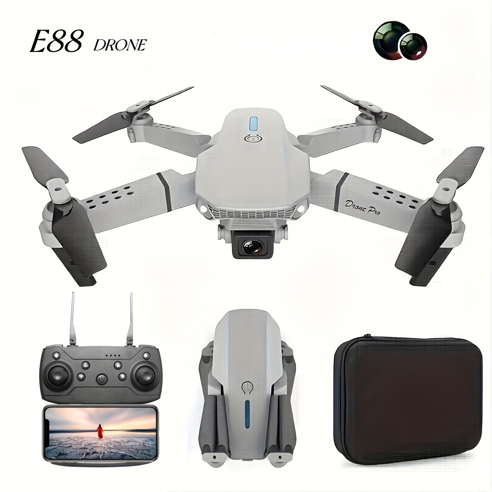 Dron RC profesional impermeable con rotación de cámara 4K, dron  con cámara dual para niños y adultos, E88 Pro RC Drone 4K rotación de cámara  HD gran angular FPV video en