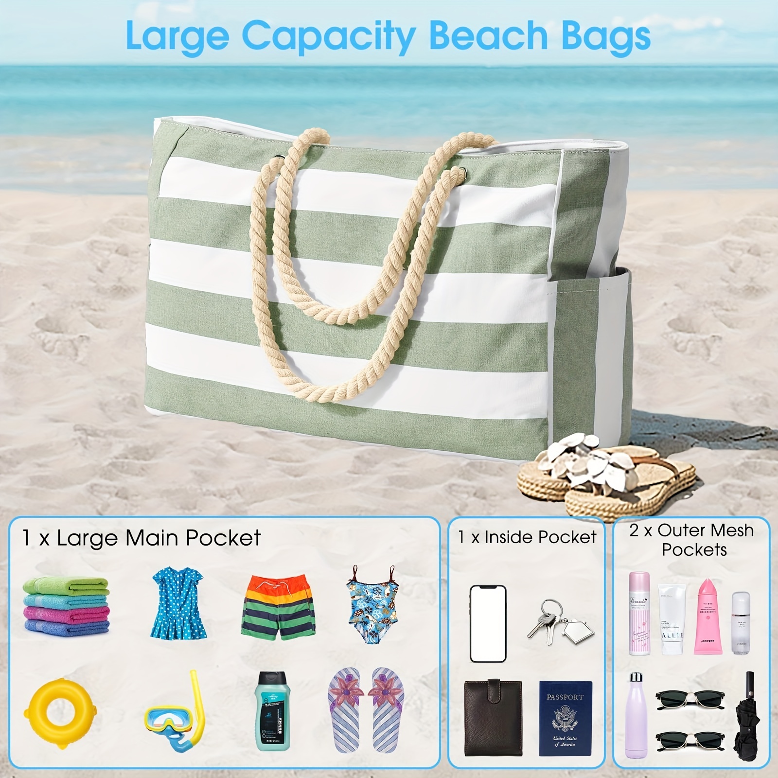 Grand sac de plage à fermeture éclair imperméable pour femme, sac à  bandoulière