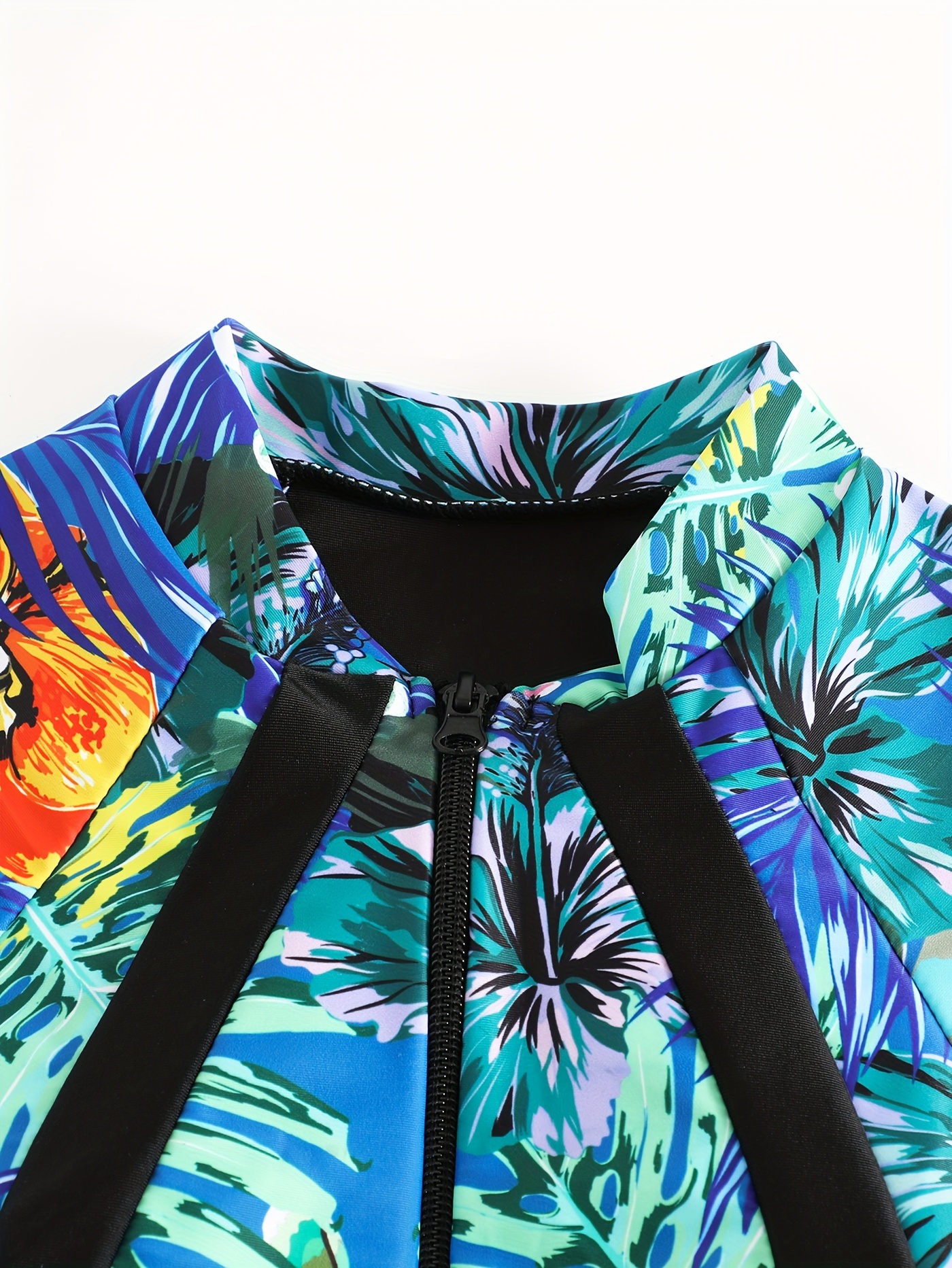 Tropical Print Swimsuit Round Neck Zip Front Tummy - Temu Canada