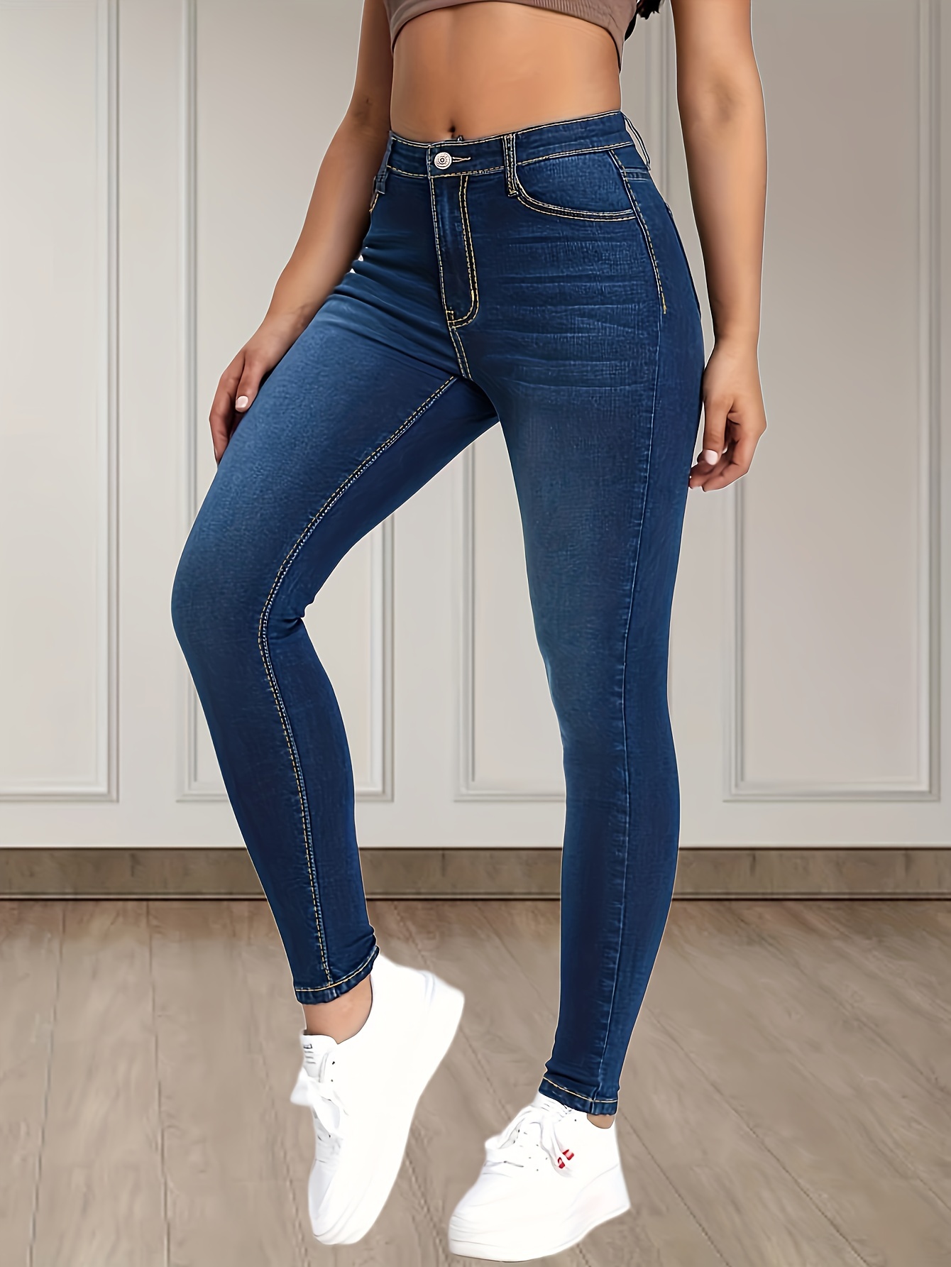 Dark Blue Versatile Skinny Jeans, Slim Fit High-Stretch Slant Pockets Tight  Jeans, Women's Denim Jeans & Clothing