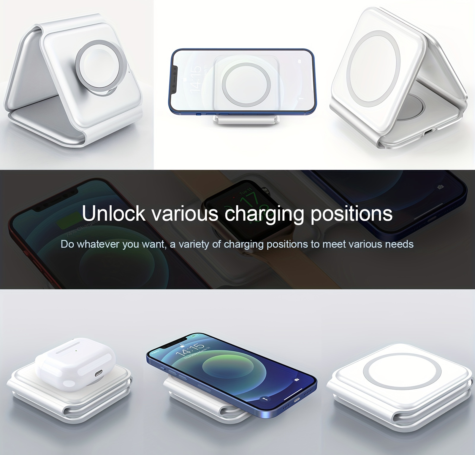 3 in 1 wireless charger for iphone magnetic foldable 3 in 1 charging station travel charger for multple devices for iphone 14 series 3 2 pro iwatch adapter included details 7