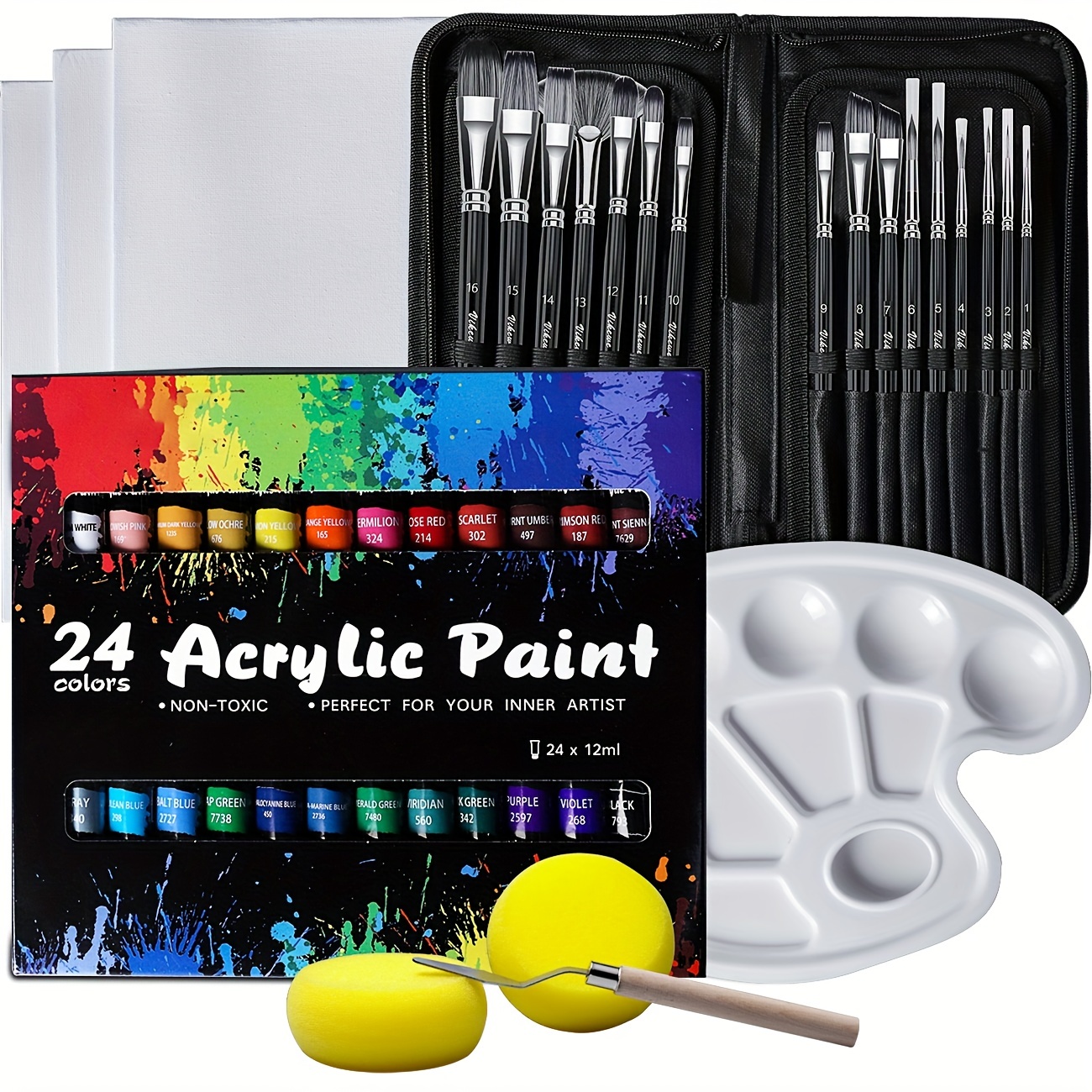Juego de pintura acrílica, 48 colores de pinturas acrílicas de grado  artístico para artistas, 0.4 fl oz/tubo con 3 pinceles de arte y 1 paleta  para