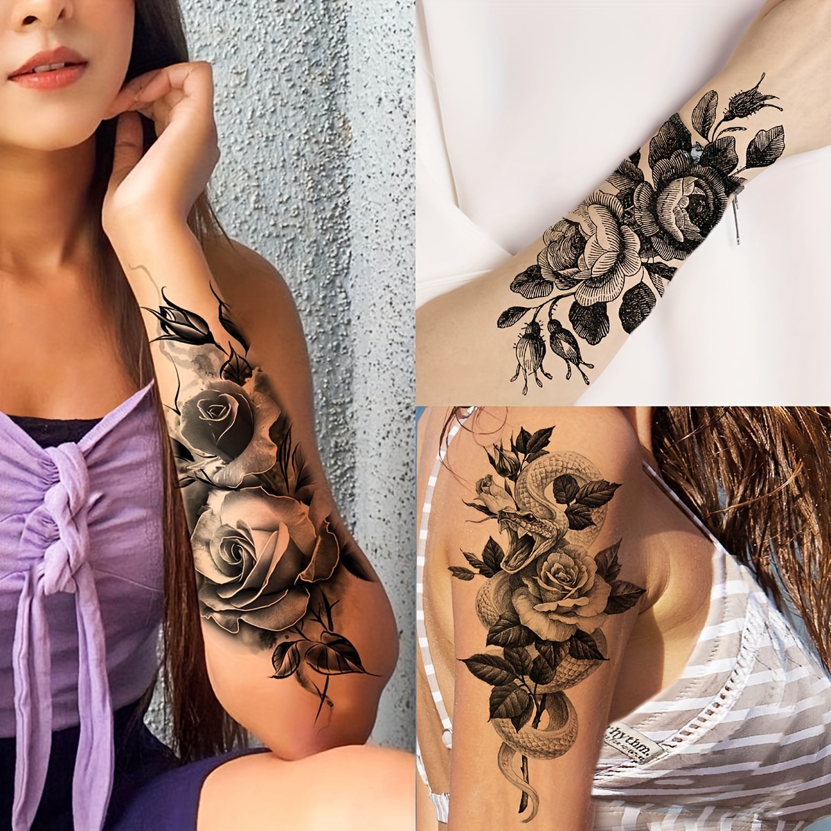 Large Realistic Flower Temporary Tattoos for Women Adults Girls Black Rose  Floral Tattoo Sexy Body Tattoo Stickers Realistic Waterproof Fake Tattoo  Arm Chest Leg Back Temp Tattoo Paper (8 Sheets)