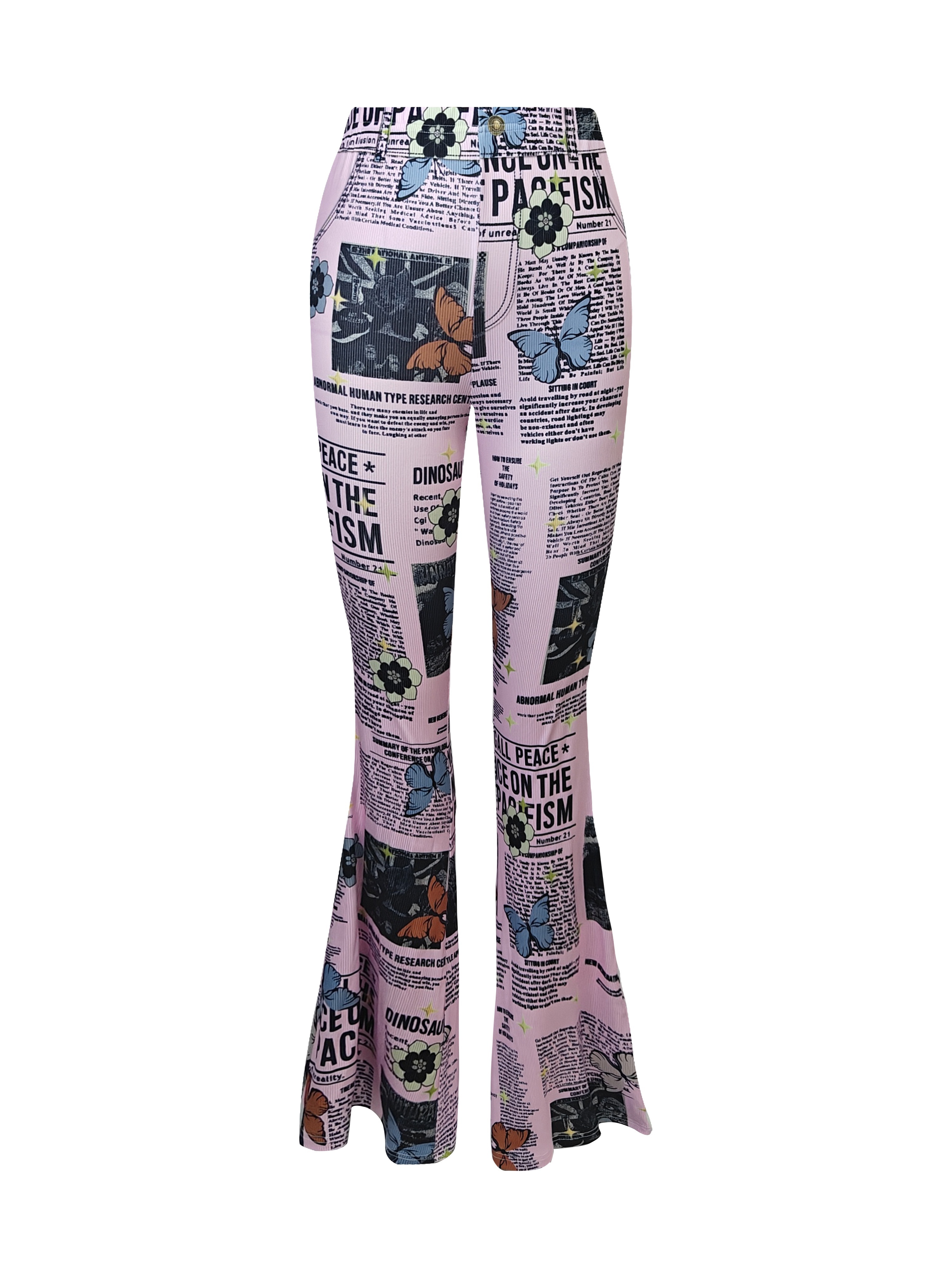 Butterfly Newspaper Print Flare Leg Pants Casual High Waist - Temu