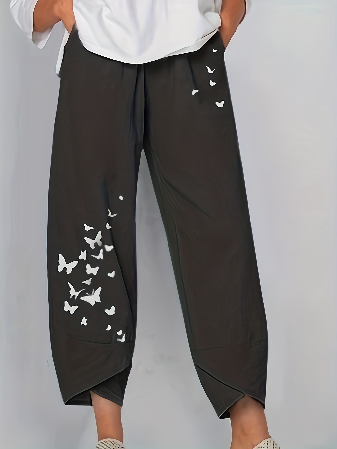 Butterfly Print Cropped Pants Casual Elastic Waist Versatile - Temu