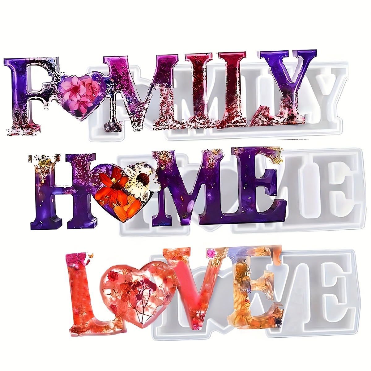 

3pcs Silicone Resin Molds Family Love Sign, Alphabet Word Epoxy Resin Mold Casting For Uv Resin Art Jewelry Home Decor/valentine's Day, Making Diy Crafting Signs Resin Supplies
