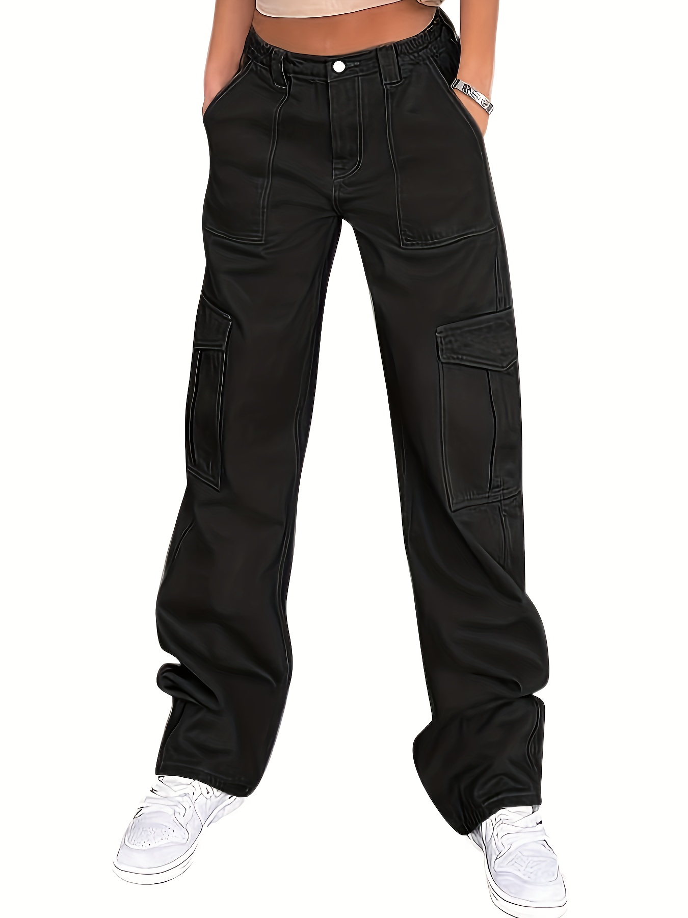 Loose Fit Cargo Pants Flap Pockets Non stretch Solid Color - Temu South  Africa
