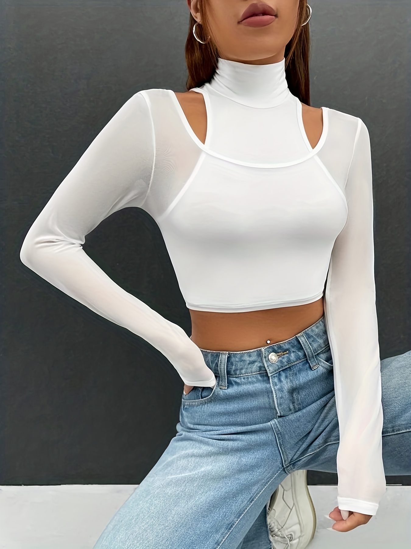 SEMI-SHEER LONG SLEEVE TOP - White