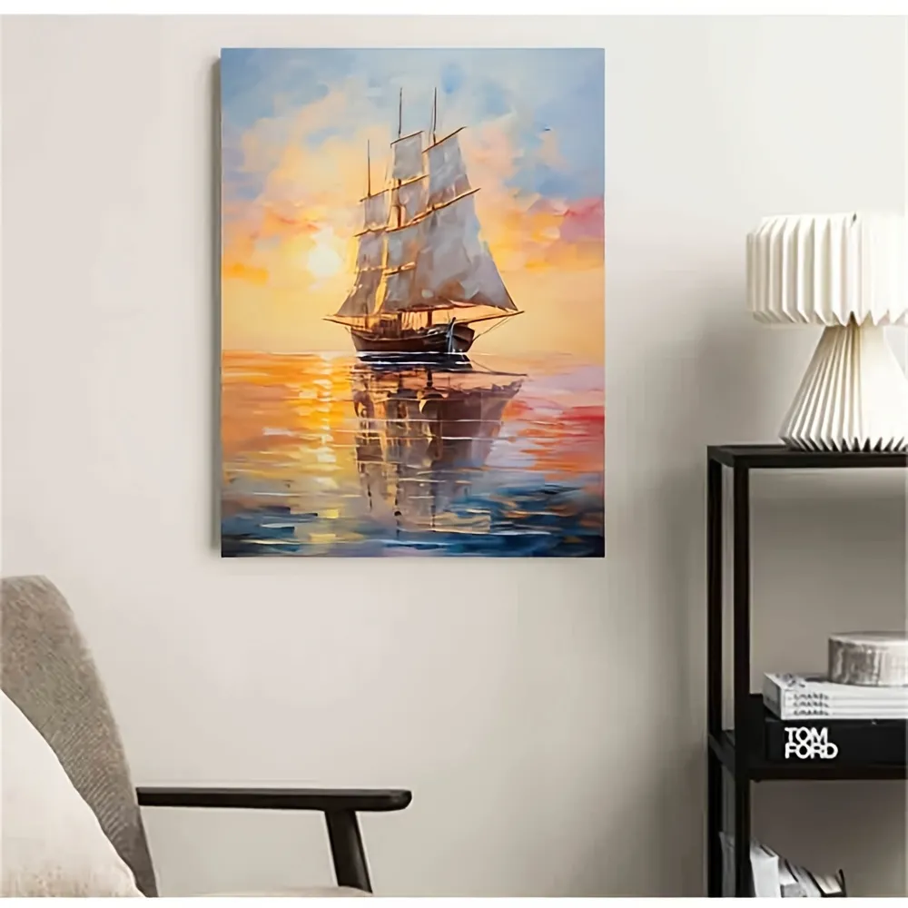 Canvas Poster, Classic Art, Sunrise Landscape Pattern Large Sailboat Wall  Painting, Sea View Wall Painting, Ideal Gift For Bedroom Living Room  Corridor, Wall Art, Wall Decor, Fall Decor, Wall Decor, Room Decoration,