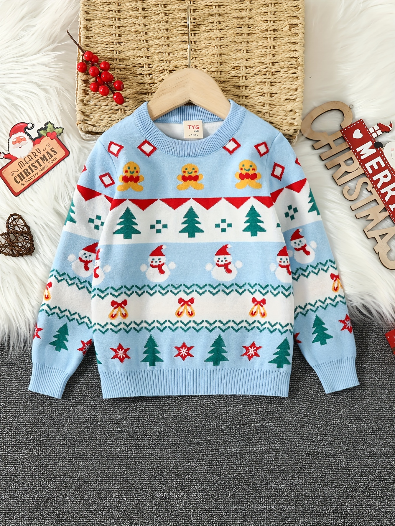 Girls Christmas Snowman Bell Jacquard Round Neck Knit Sweater For Toddler Kids Pullover Jumper Tops For Fall Winter