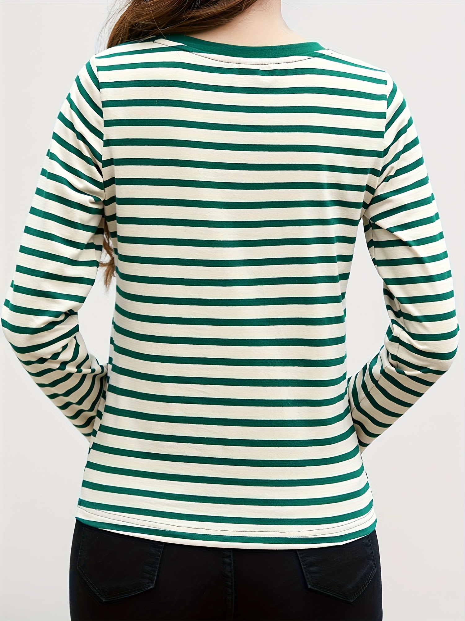 striped long sleeve t shirt v neck casual top for spring fall womens clothing green 4