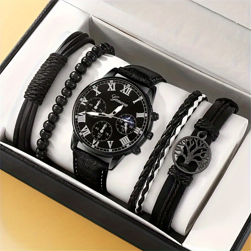 1pc Men's Black Quartz Watch & 2pcs Bracelet,Temu