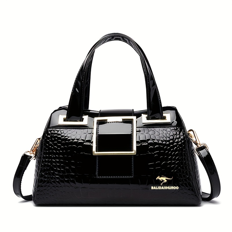 

Crocodile Pattern Glossy Large Capacity Tote Bag, Pu Leather Top Handle Shoulder Bag, Casual Versatile Commuter Bag