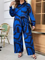 plus size casual outfits two piece set womens plus abstract stripe print button up long sleeve lapel collar shirt top high rise wide leg pant outfits two piece set details 3