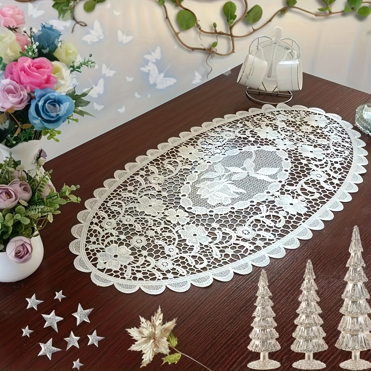 White Lace Embroidered Oval Table Runner Fabric Placemat Coaster Ins Wind Coffee Table Mat Home Decoration Mat Tablecloth Cover Christmas Decoration Table Mat