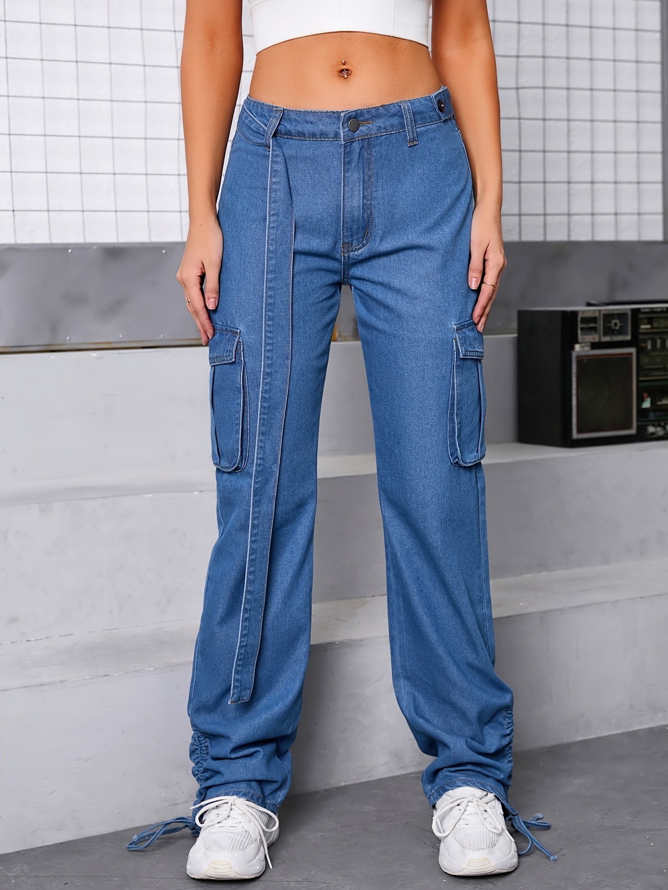 Blue Loose Fit Cargo Jeans Drawstring Tie Side Flap Pockets - Temu