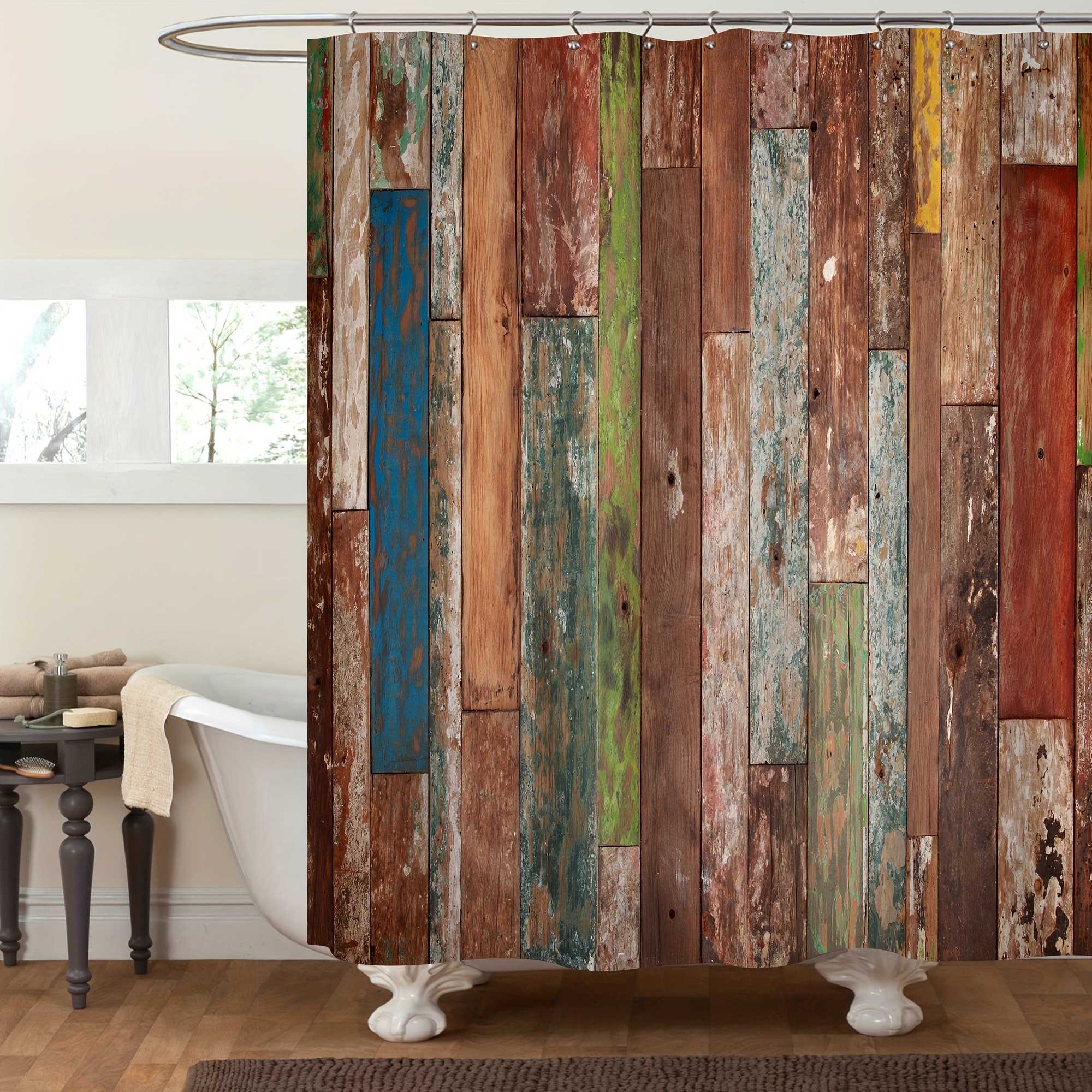 1/4pc Rustic Wooden Pattern Shower Curtain Set, Colorful Wooden Board Print  Waterproof Shower Curtain With Plastic Hooks, Non-Slip Rug, Toilet Lid Mat