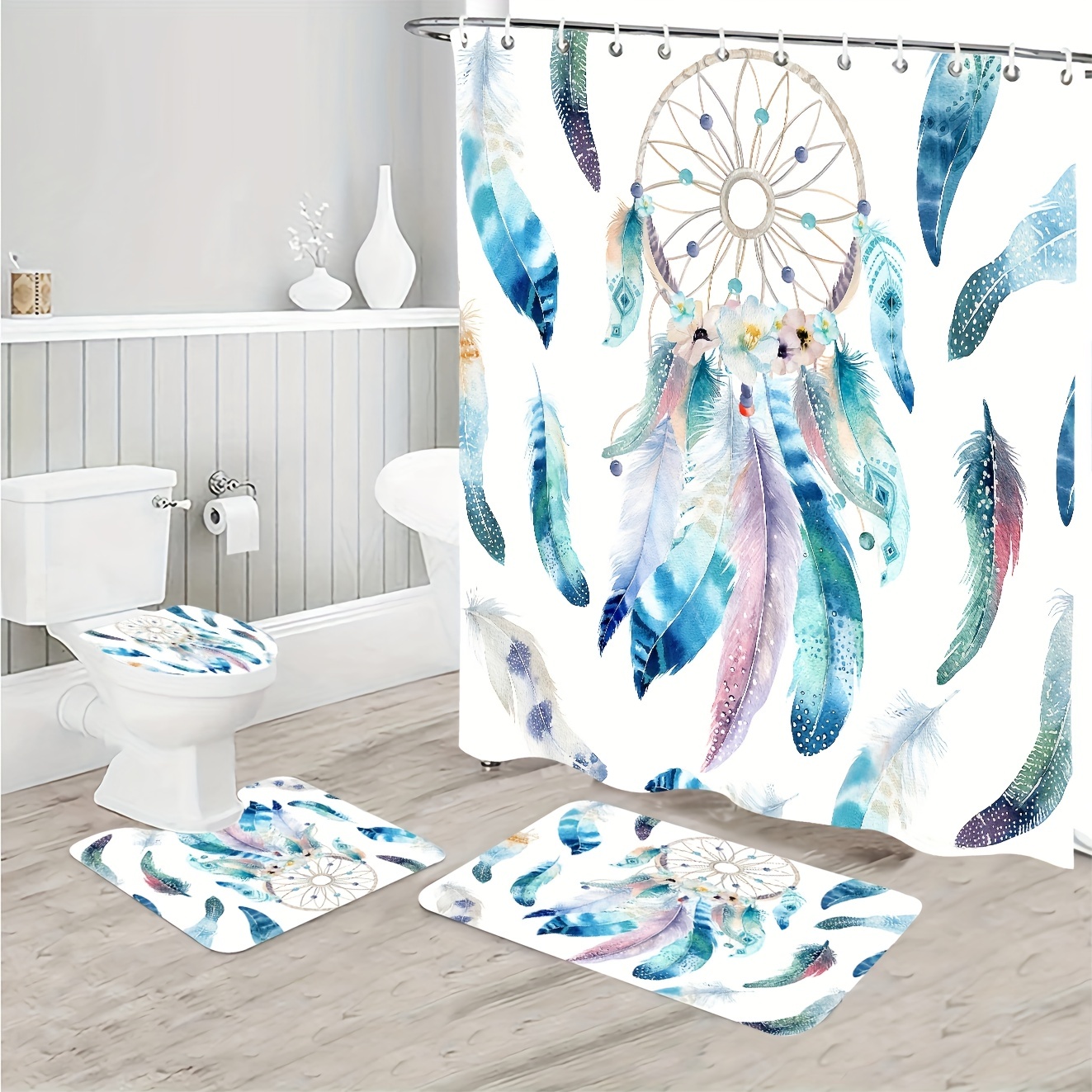 Feather Shower Curtain Set Colorful Waterproof Shower - Temu