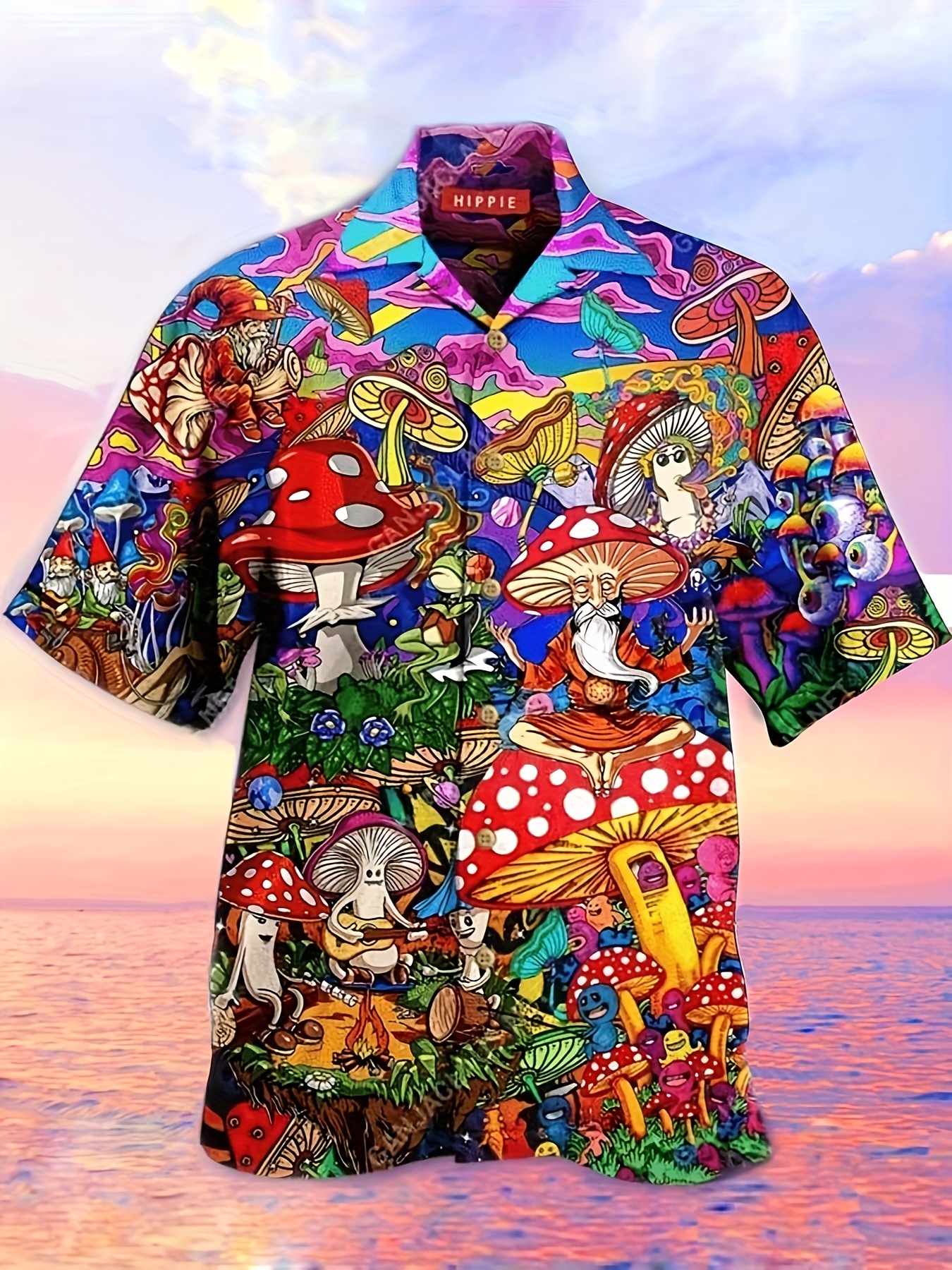 Plus Size Men's Anime Mushroom & Old Man Print Shirt Oversized Hawaiian  Short Sleeve Shirt, Men's Clothing
