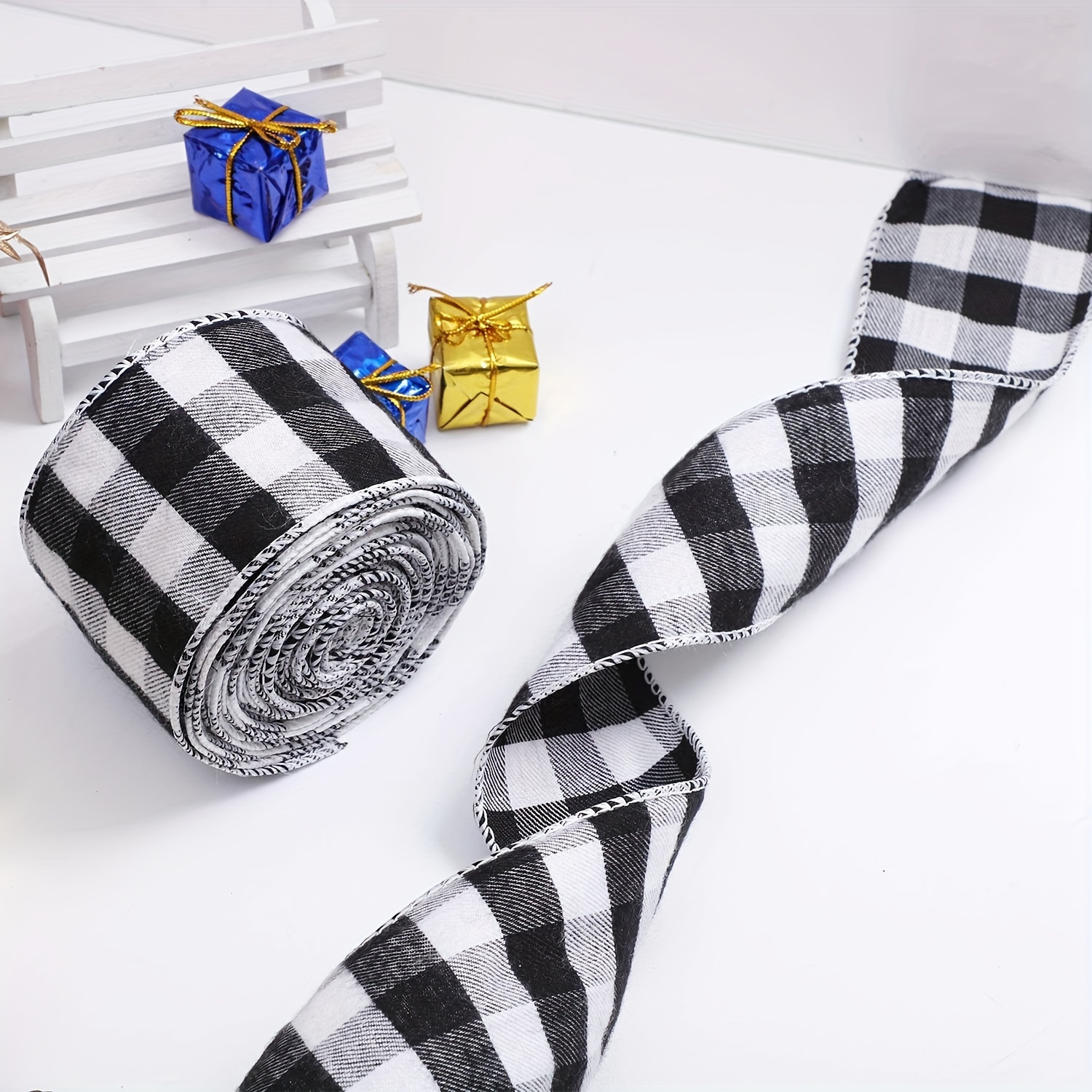 White And Black Plaid Burlap Ribbon Gingham Ribbon Wired - Temu