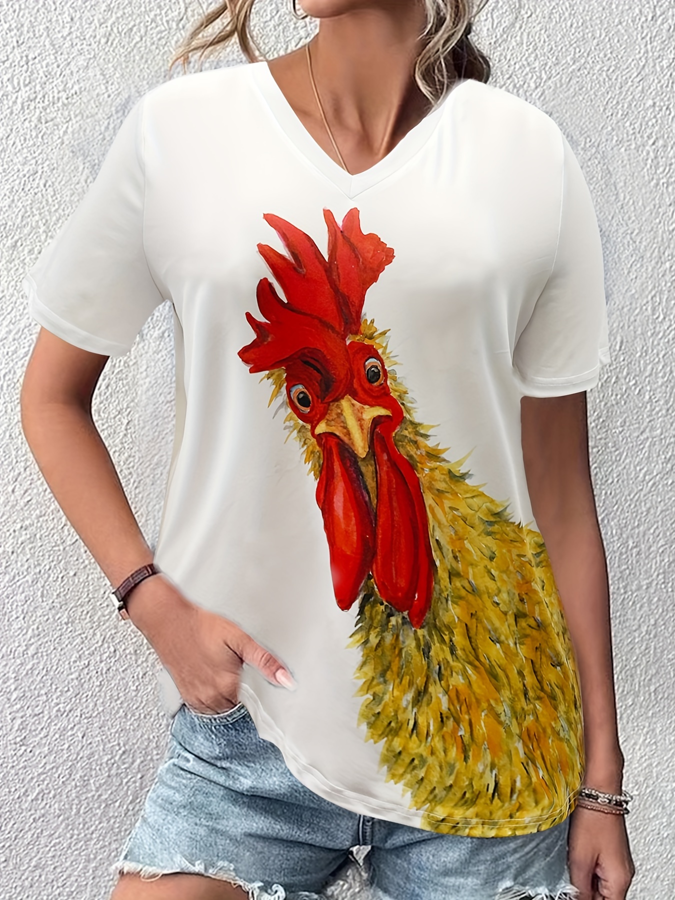Plus Size Casual T-shirt, Women's Plus Rooster Sleeve V Funny T-shirt -