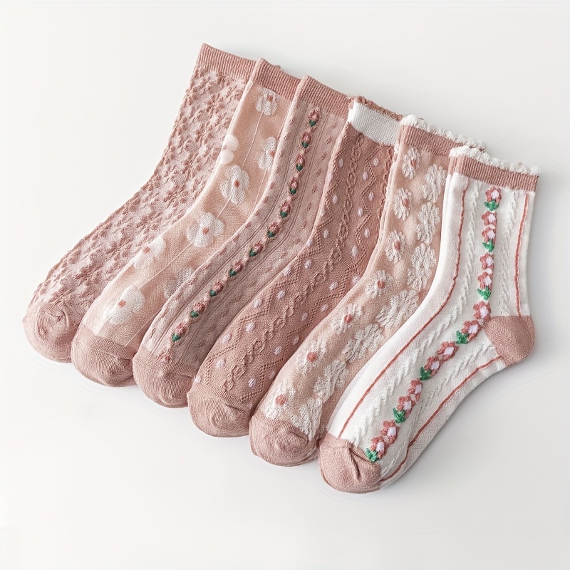 4pairs Floral Socks Set, Women Cute Flower Geometric 3D Textured Ankle  Cotton Blend Cottagecore Lucky Socks 