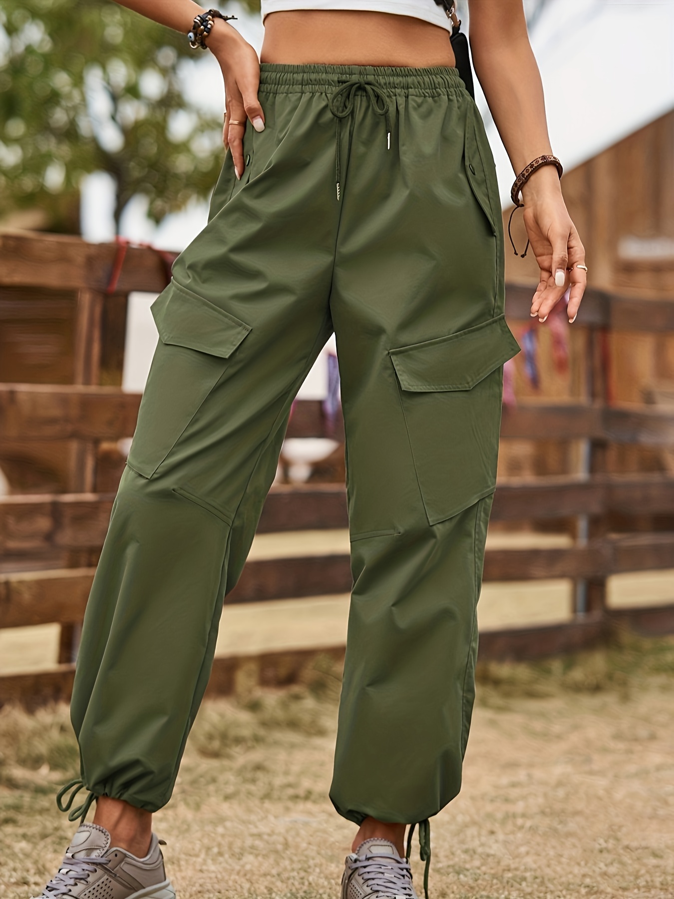 churchf Plain Pocket Sweatpants Side Pockets Drawstring Cargo Pants Women  Stretchy Trendy Casual Trousers