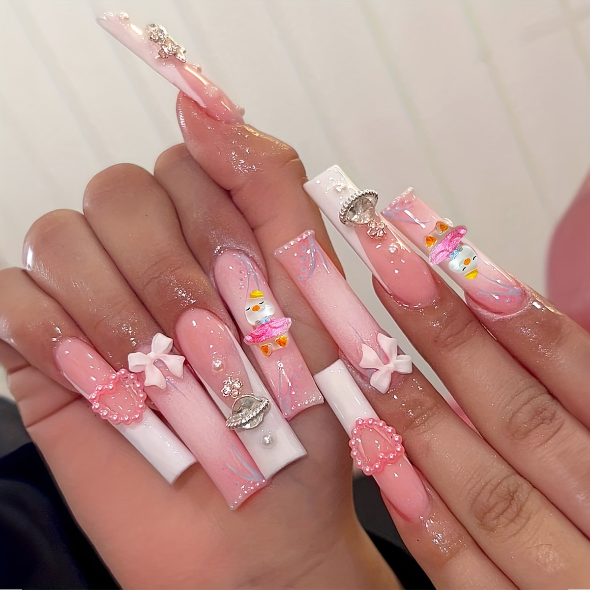 Y2k Pink Nails Make Your Nails Look Pretty, 24pcs/Set Long Coffin-Shaped  Pink Bowknot & Pearl Press-On False Nails Set With Jelly Glue And Nail  File