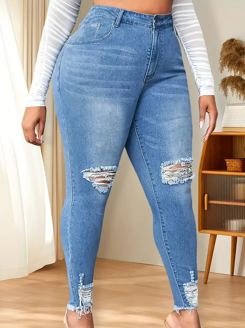 Plus Size Ripped High Rise Button Fly Skinny Jeans, Women's Plus Slight  Stretch