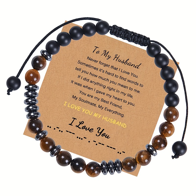 Morse Code Love Tiger Eye Stone Beads Bracelet Couple Family