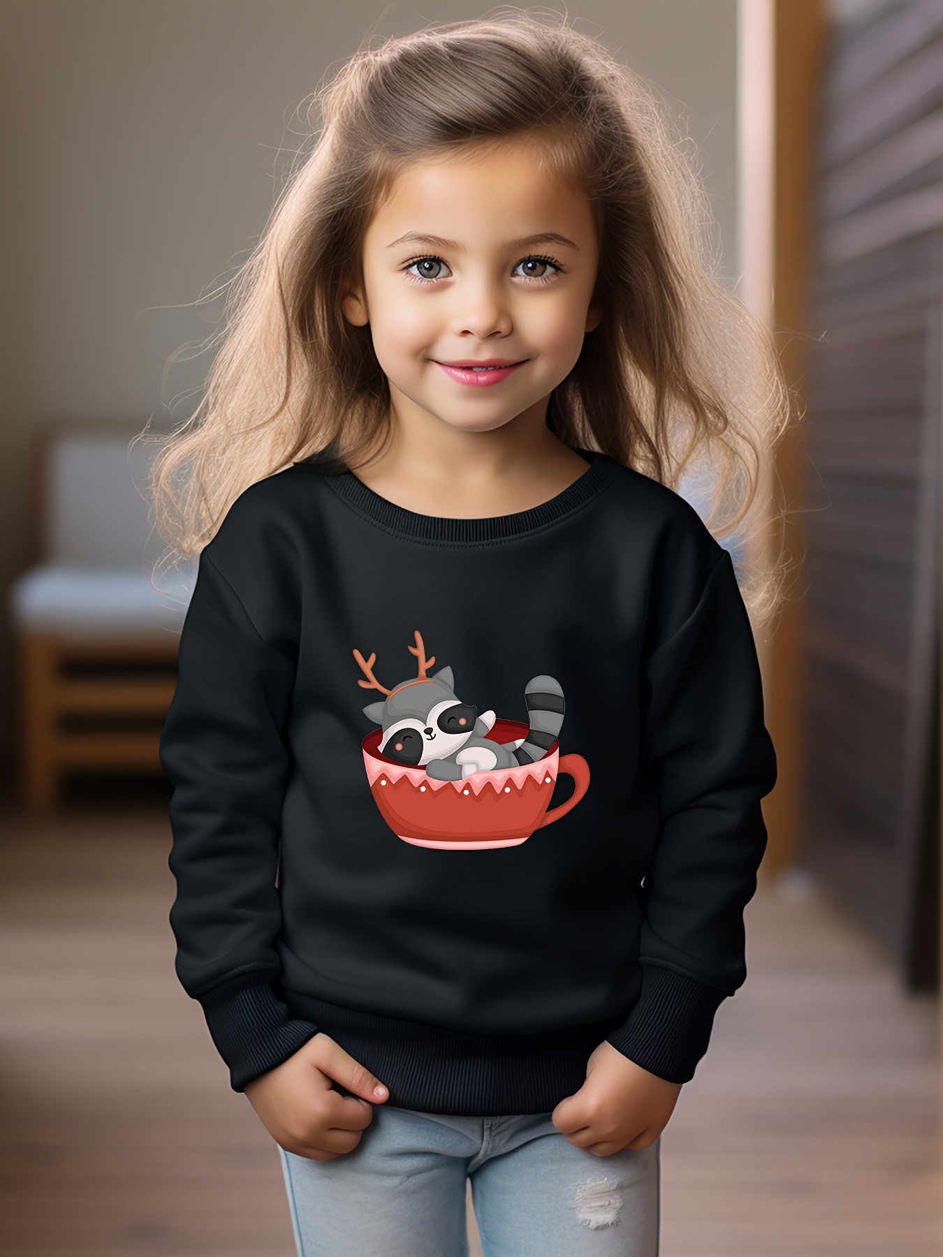 Raccoon Print Sweatshirt Kids Graphic Crew Neck Pullover Sweatshirt
