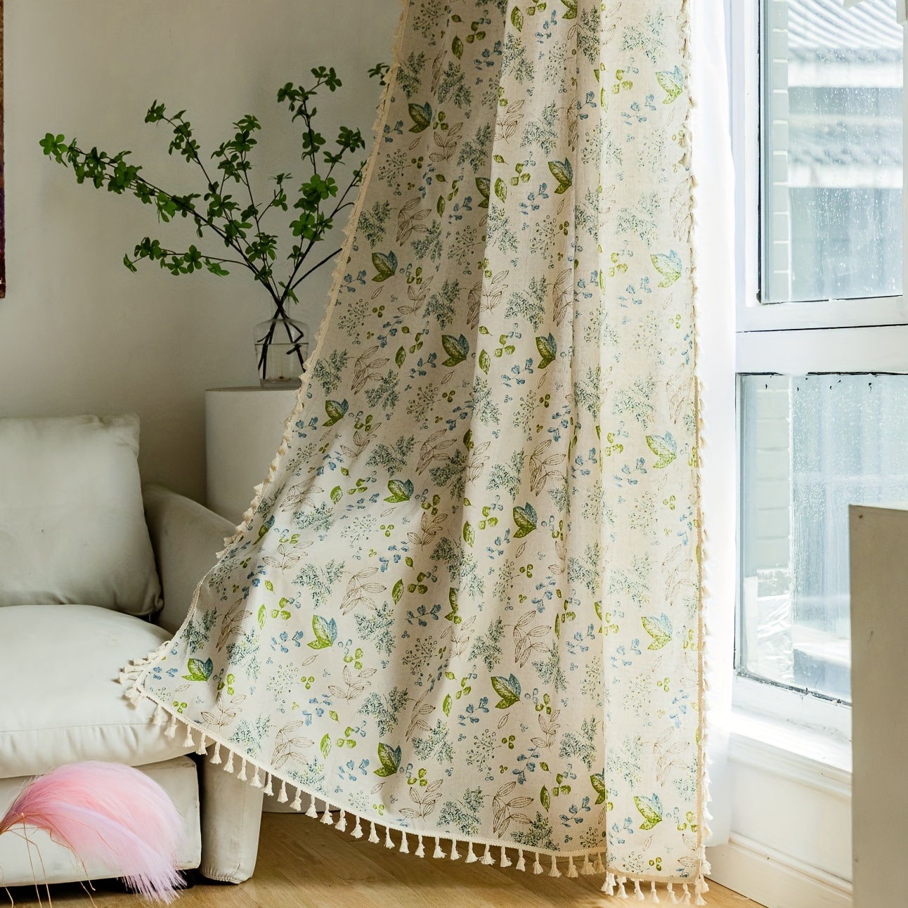 Vintage Floral Print Curtain for Living Room Boho Tassel Window Drape  Curtain