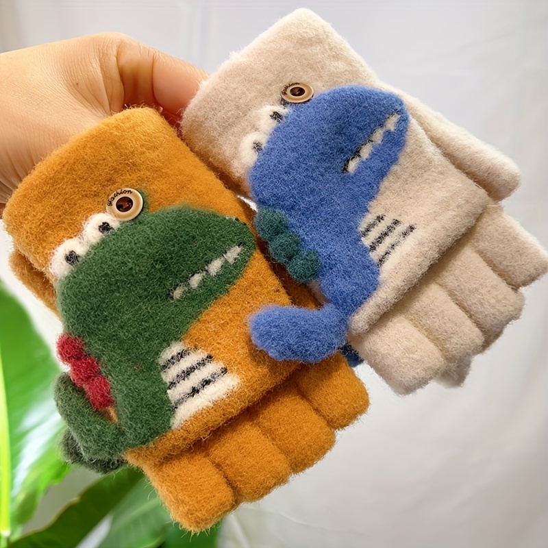 Boys' Winter Gloves with Cartoon Dinosaur Design - 100% Nylon, Snug Fit Button Closure, Lightweight Warmth for Daily Play & New Year Celebrations (Mixed Colors)