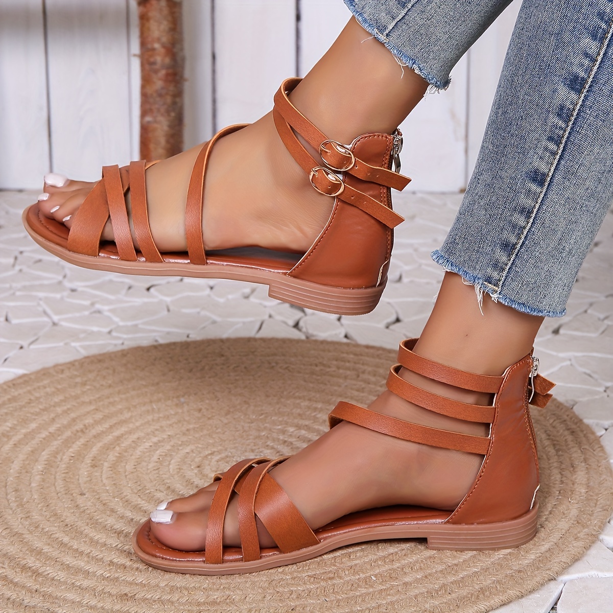 

Women's Solid Color Trendy Sandals, Back Zipper Soft Sole Casual Summer Shoes, Buckle Belts Beach Shoes
