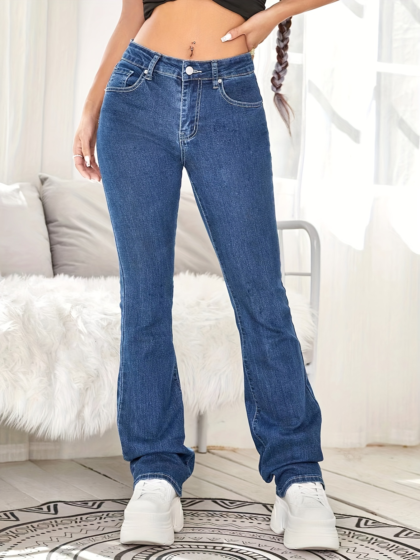 High Stretch Casual Bootcut Jeans, Slant Pockets Versatile Denim Pants,  Women's Denim Jeans & Clothing