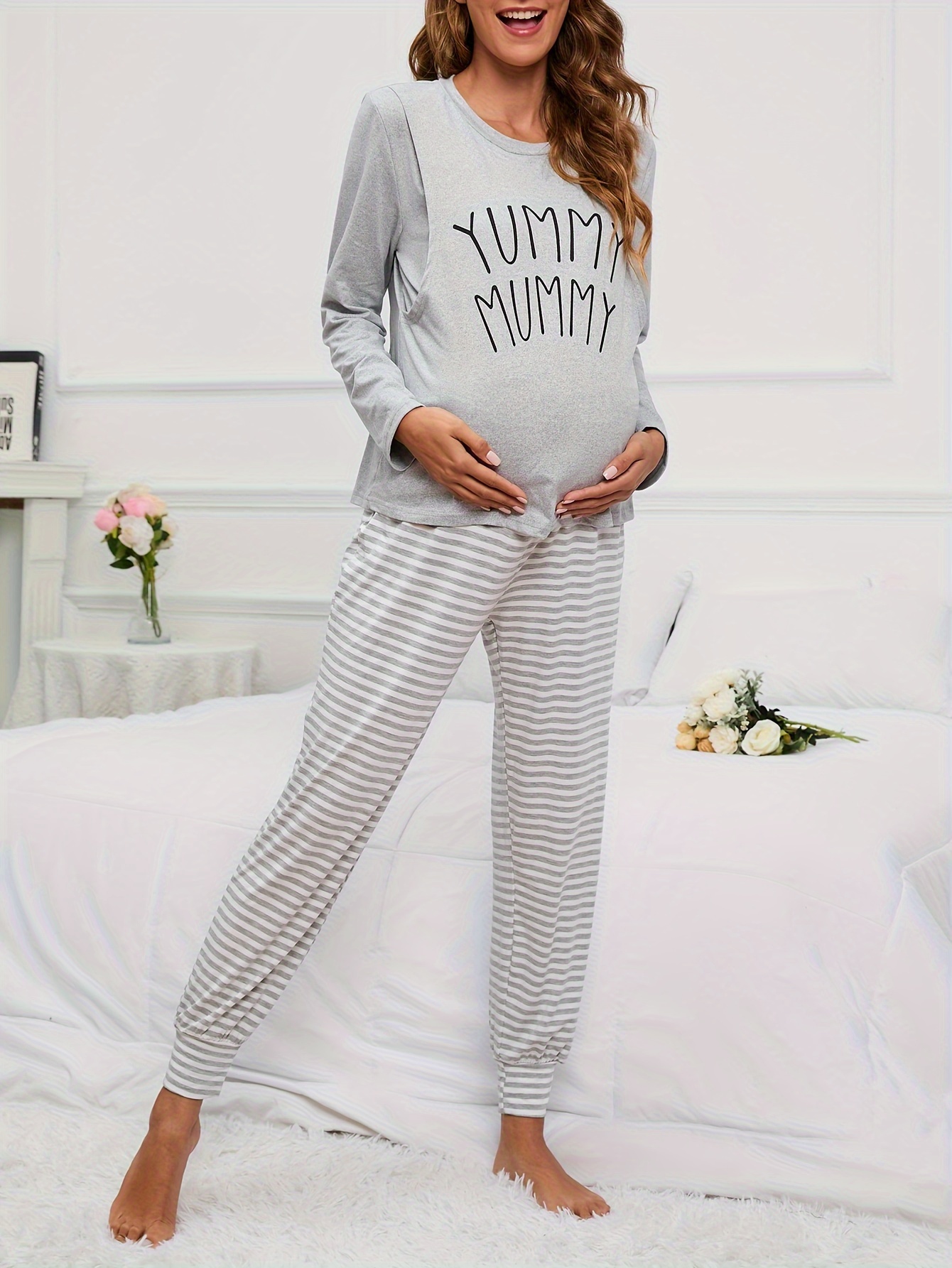 Pregnant Women's Comfy Nightgown, Button On Casual Slightly Stretch  Breathable Loose Long Sleeve Pajama For Outdoor