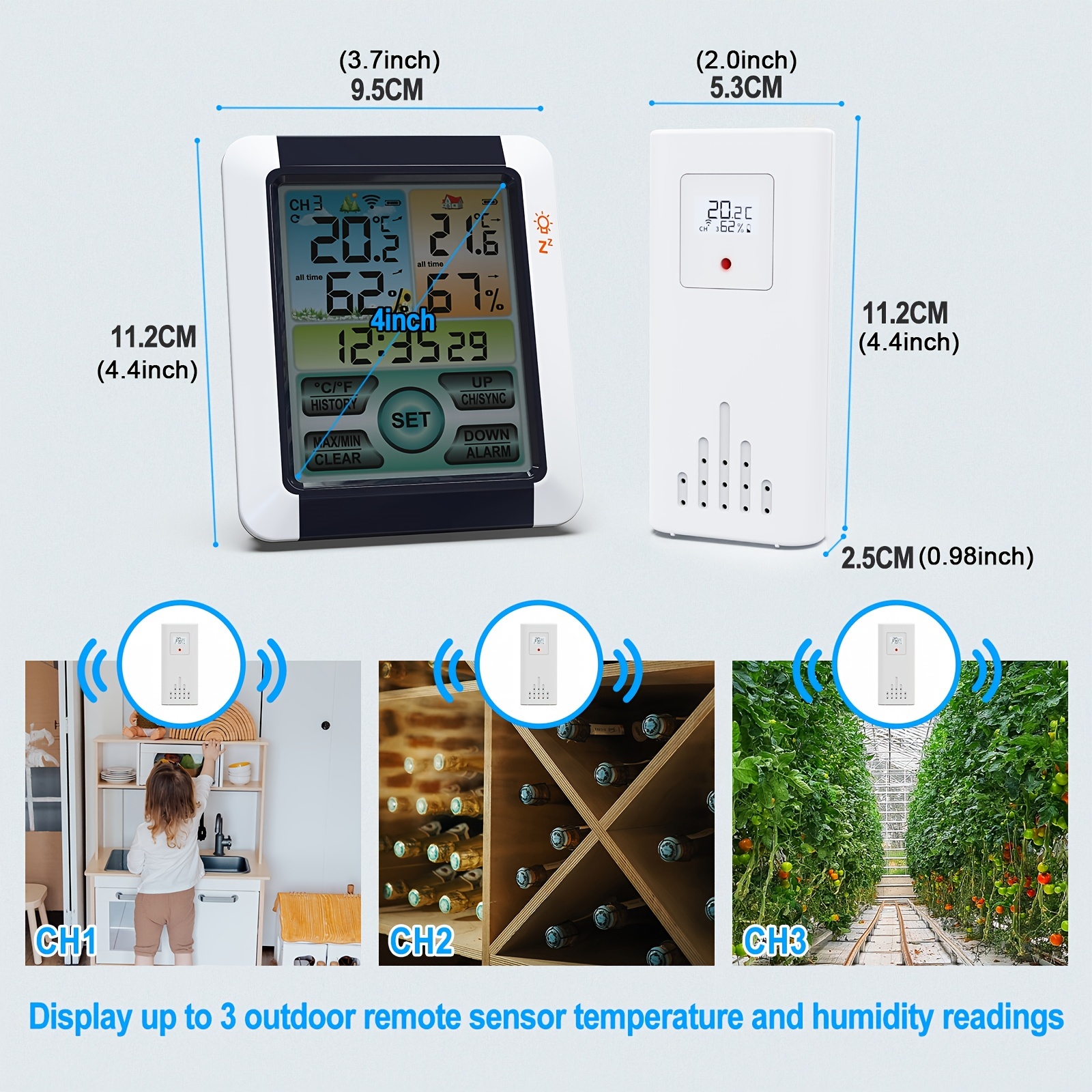 Indoor Outdoor Thermometer Wireless Digital Hygrometer Temperature and Humidity Monitor with Touchscreen LCD Backlight, 200ft/60m Range, Battery Inclu