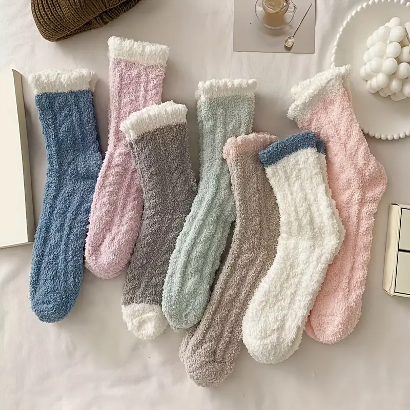 7 Pairs Colorblock Fuzzy Socks, Comfy & Warm Thickened Floor Socks, Women's  Stockings & Hosiery