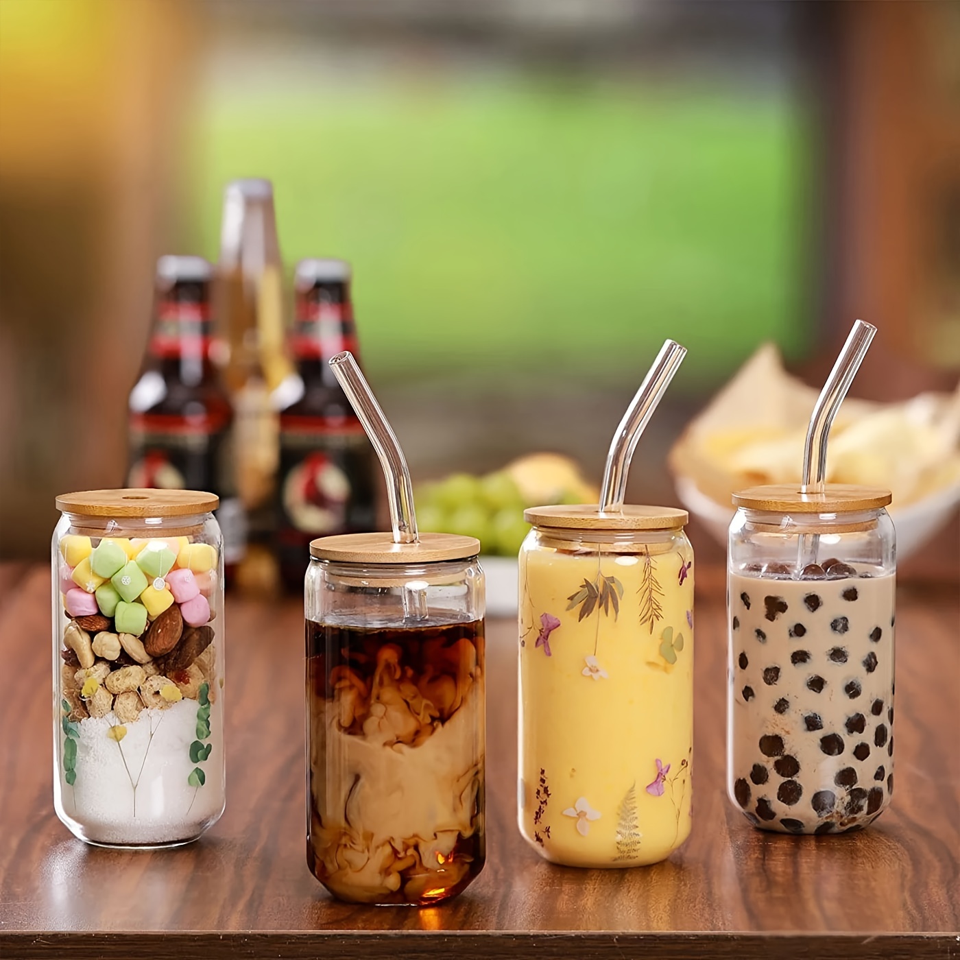1PC 20oz Beer Can Glass with Bamboo Lid and Glass Straw, Drinking Glass  with Lid and Straw, Can Shaped Glass Cups, Iced Coffee Cup, Beer Glasses,  Ideal for Water, Soda, Tea, Gift