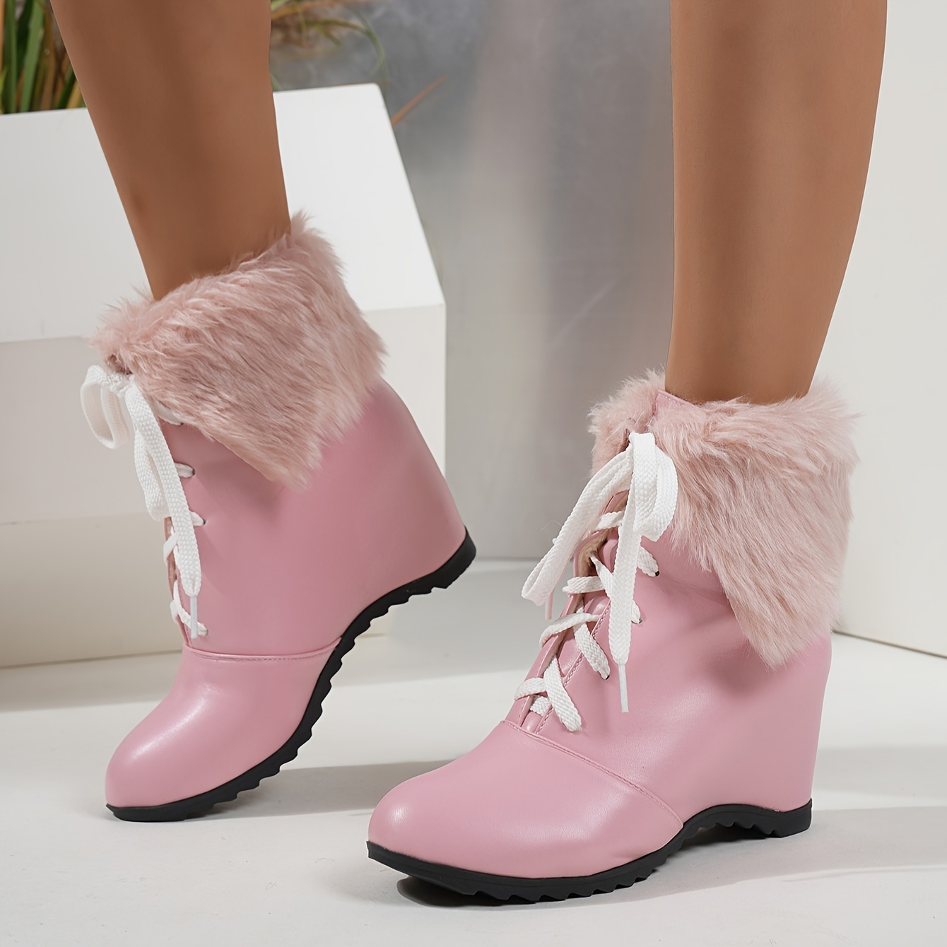 Women's Vibrant Pink Fur-Trimmed Lace-Up Chunky Heel Round Toe High Heels  Glossy Synthetic Cover Winter Shoes with Plush Lining Non-Slip Rubber 