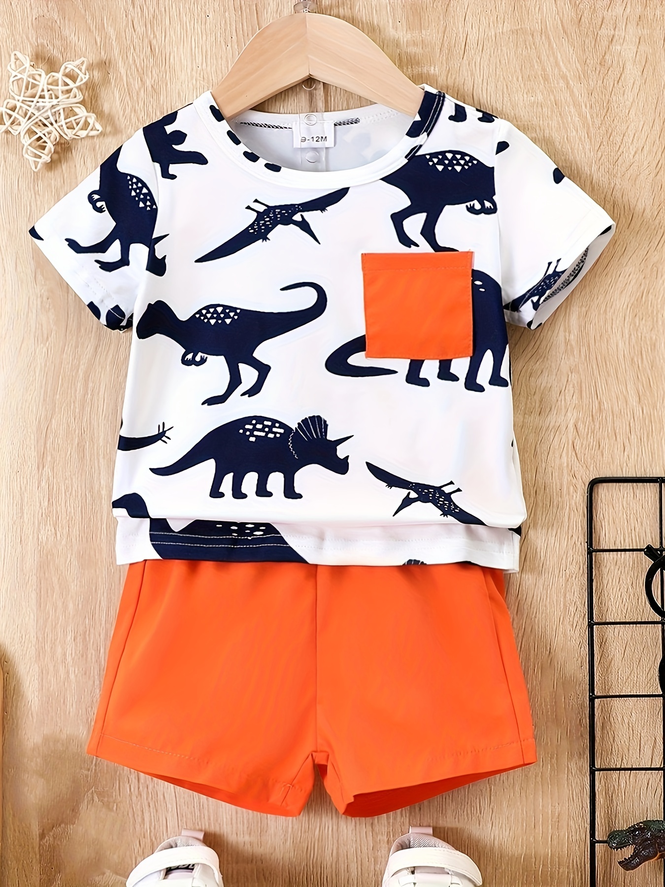 2pcs Baby Boy/Girl 100% Cotton Ripped Denim Shorts and Cartoon Dinosaur Print Short-sleeve T-shirt Set