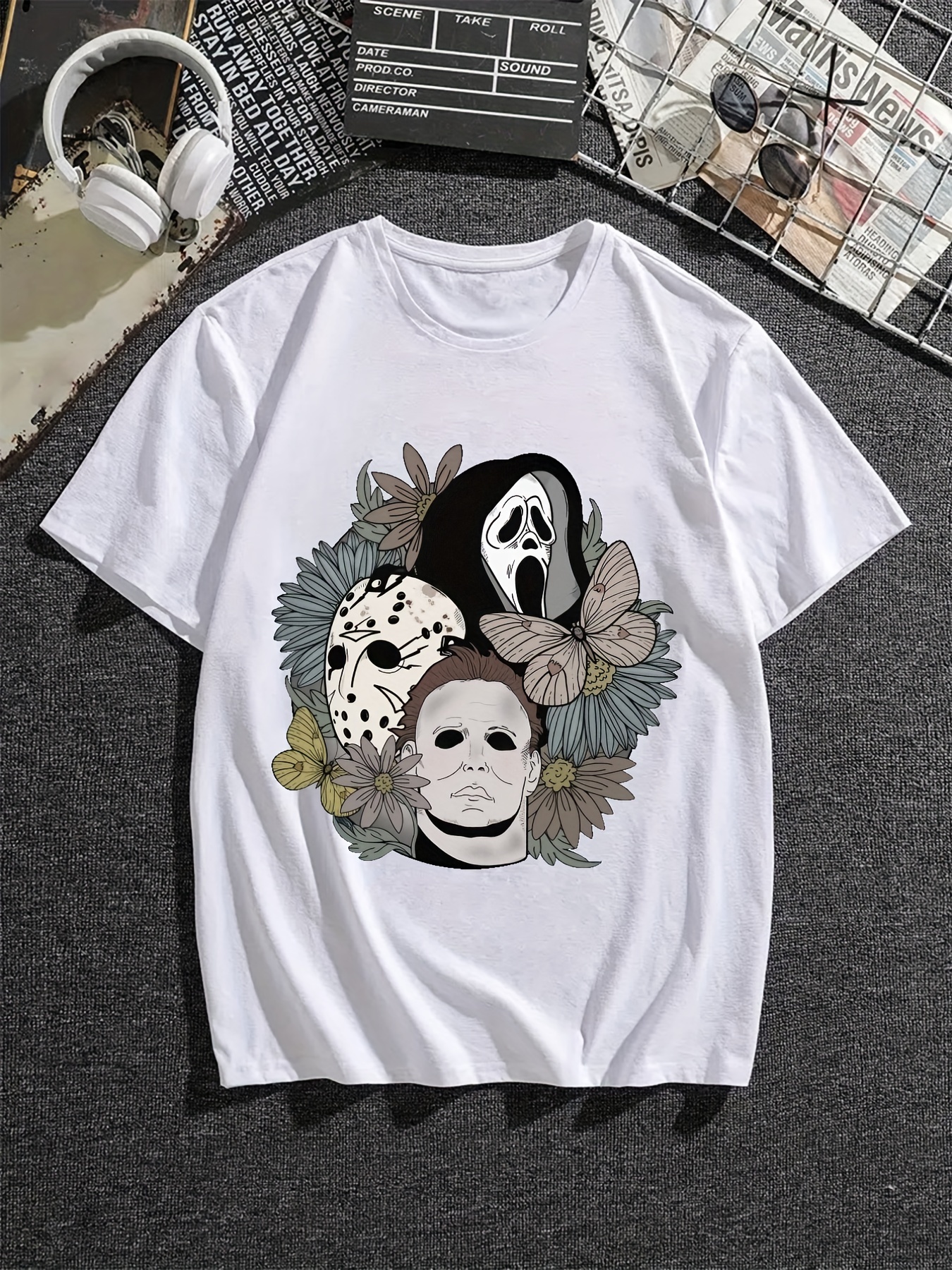 Let's Watch Scary Movies Skull Pattern Tee, Men's Casual Crew Neck