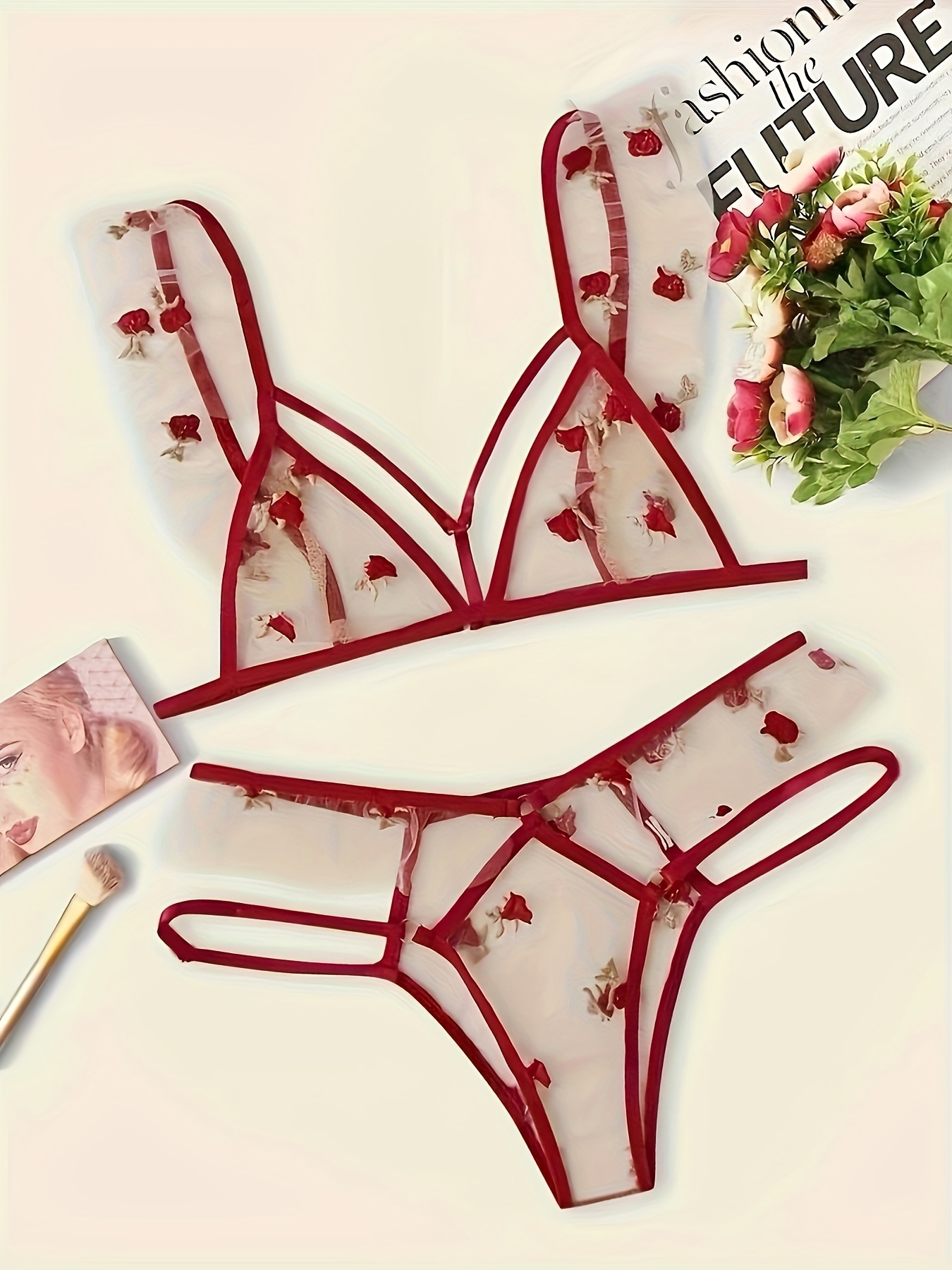 Floral Embroidery Lingerie Set Mesh Unlined Bra Sheer Thong - Temu Canada