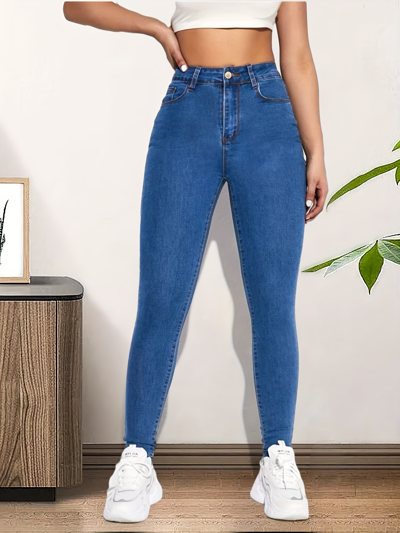 Blue Jeans Ajustados Ajustados, Pantalones De Mezclilla De Tiro Alto Con  Bolsillos Inclinados Y Estiramiento Alto, Jeans Y Ropa De Mujer